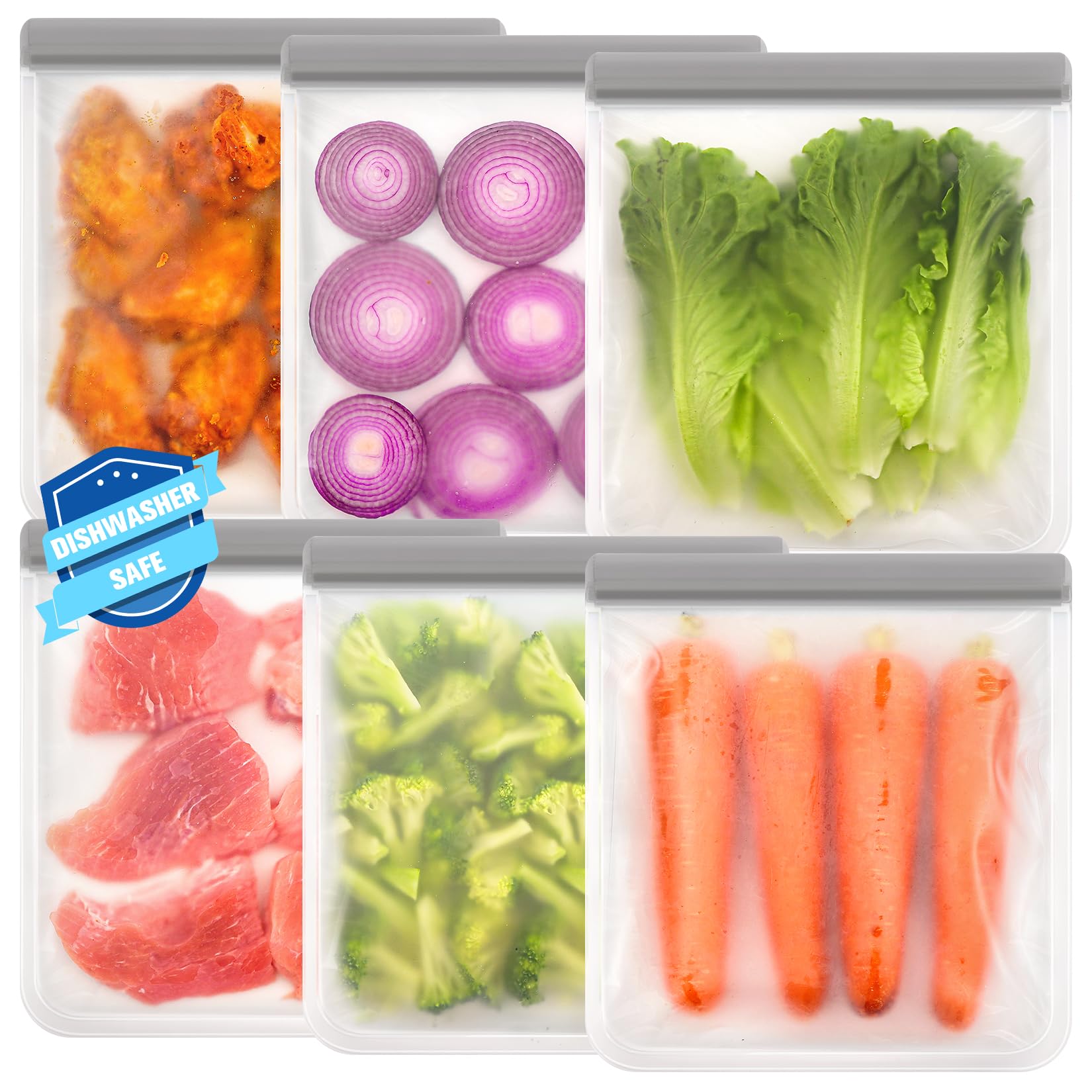 FUNFERY Reusable Gallon Freezer Bags Zipper,6 Pack Gallon Reusable Food Storage Bags,BPA Free Silicone Bags for Meat,Leakproof P