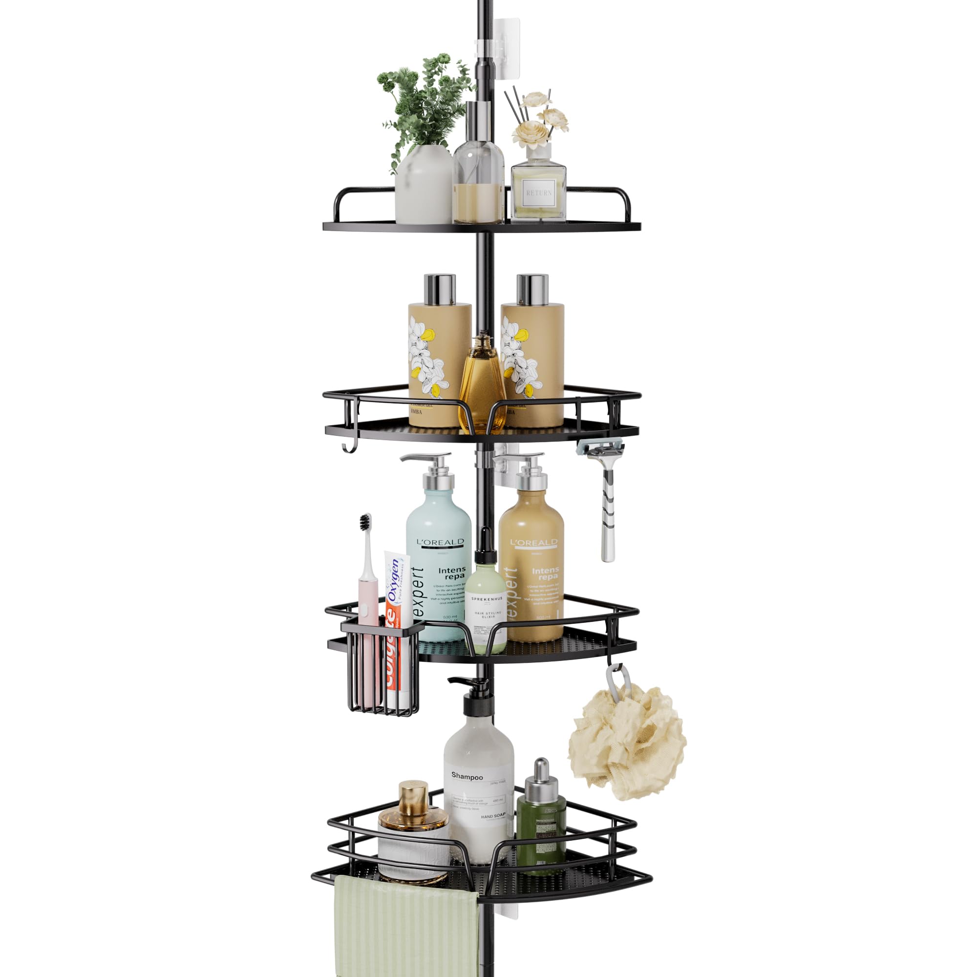 Hapirm Corner Shower Caddy Organizer - Rustproof Shower Organizer Corner With Toothbrush Holder And Hooks, Bathroom Shelf Tensio