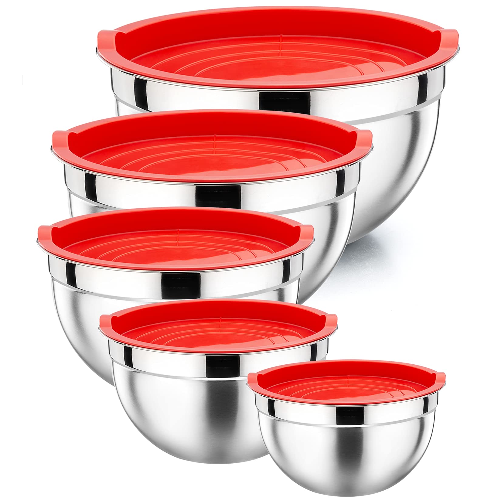 P&P Chef Mixing Bowls With Red Lids Set, Stainless Steel Mix Nested Bowl For Salad Fruits Egg Cream Mixing, Size 4.6, 3, 1.5, 1,