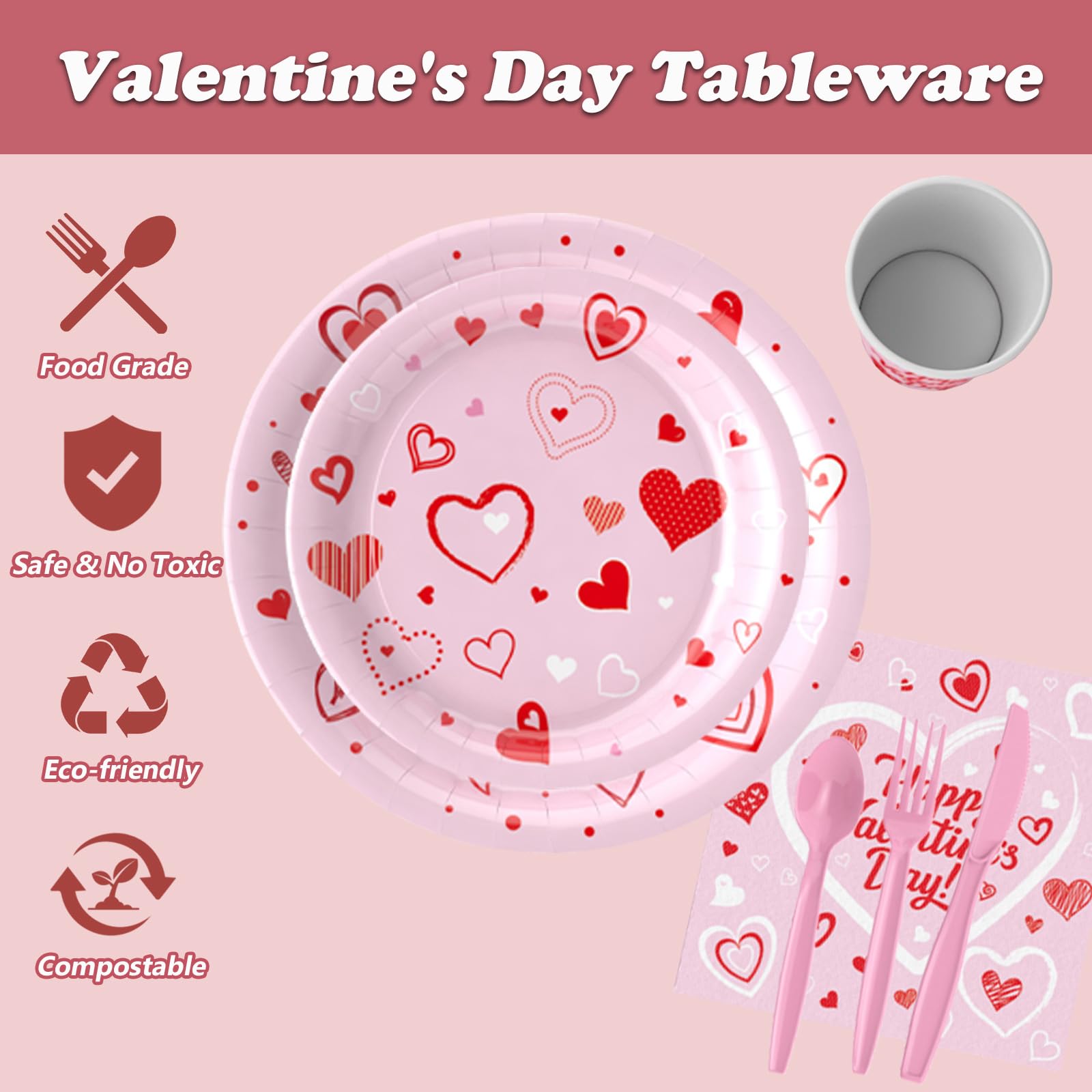 Jiefull Valentine'S Day Party Tableware, Hot Heart Love Disposable Paper Party Plates And Cups And Napkins Sets Serves 16 For We