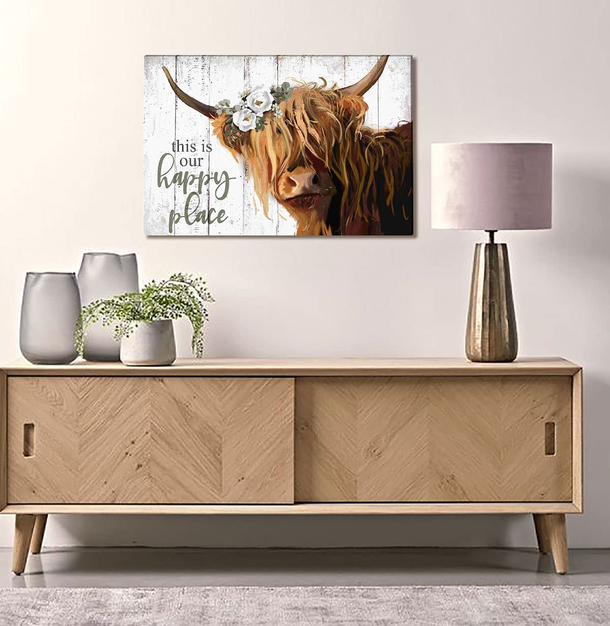 Highland Cow Wall Art - This Is Our Happy Place Inspirational Canvas Poster For Home - Long Haired Scottish Cow With White Flowe