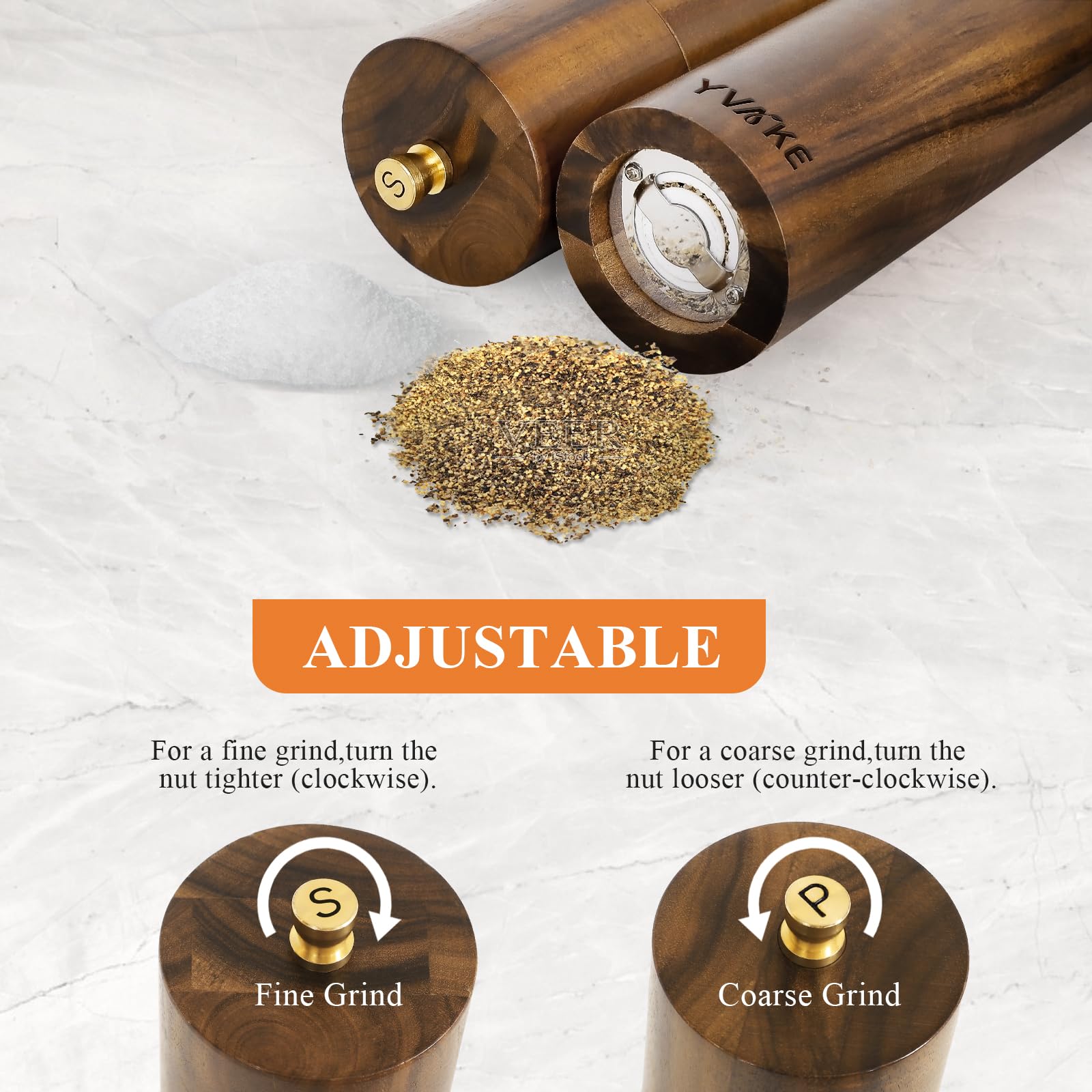 Yvake Wooden Salt And Pepper Grinder Set,8 Inch Manual Salt And Pepper Mill, Adjustable Coarseness And Refillable,Acacia Wood Pe