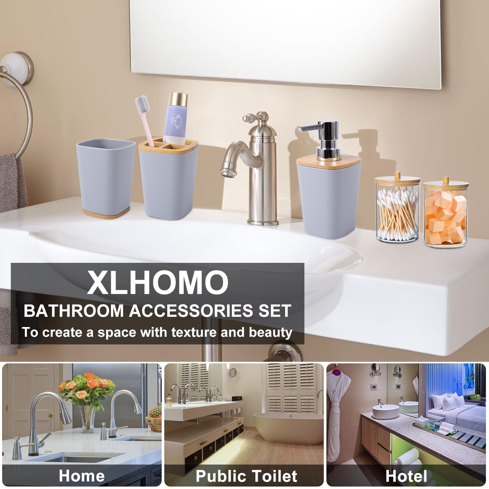 Grey Bathroom Accessories Set With Trash Can 9 Piece Grey Bathroom Decor Toothbrush Holder,Toothbrush Cup,Lotion Soap Dispenser,