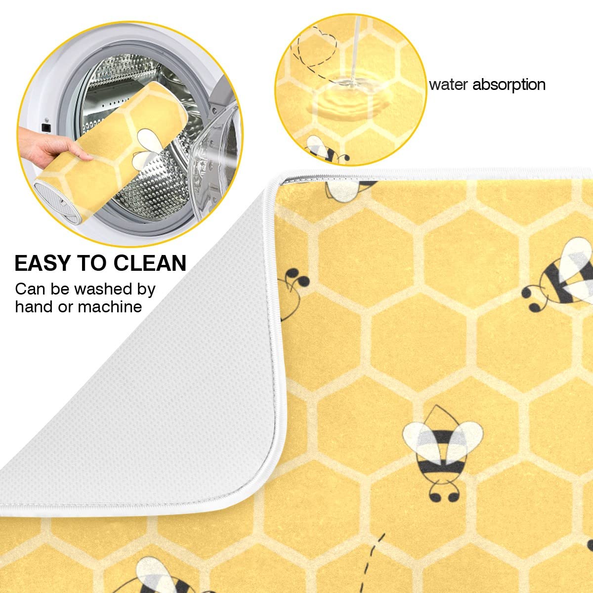 Funny Bees Honey Dish Drying Mat 18X24 For Kitchen Counter Yellow Bumblebee Beehive Dishes Pad Absorbent Fast Dry Dish Draining