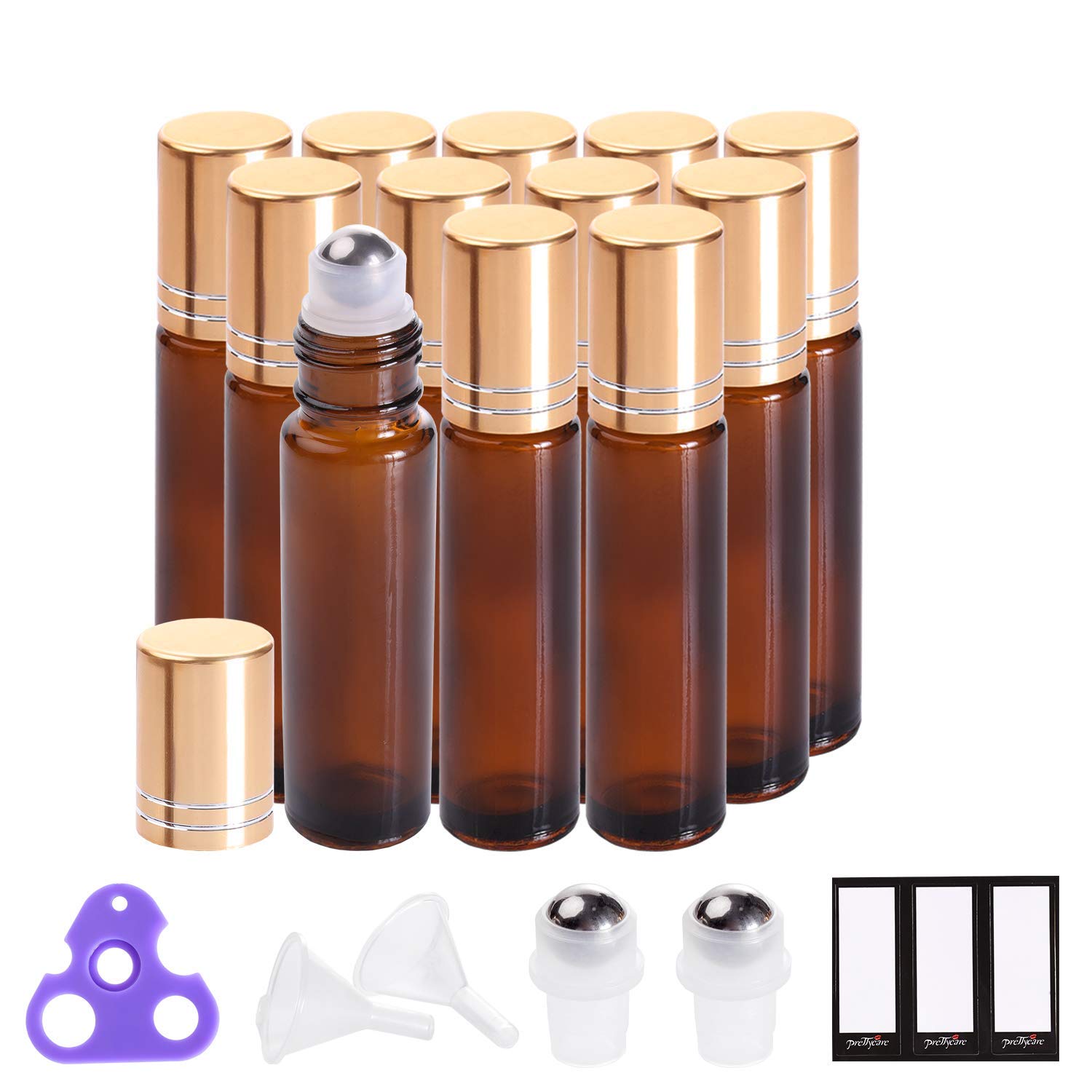 PrettyCare Essential Oil Roller Bottles 10ml (Amber Glass  12pack  2 Extra Roller Balls  24 Labels  Opener  2 Funnels Roller Balls  Roll on Bottles)