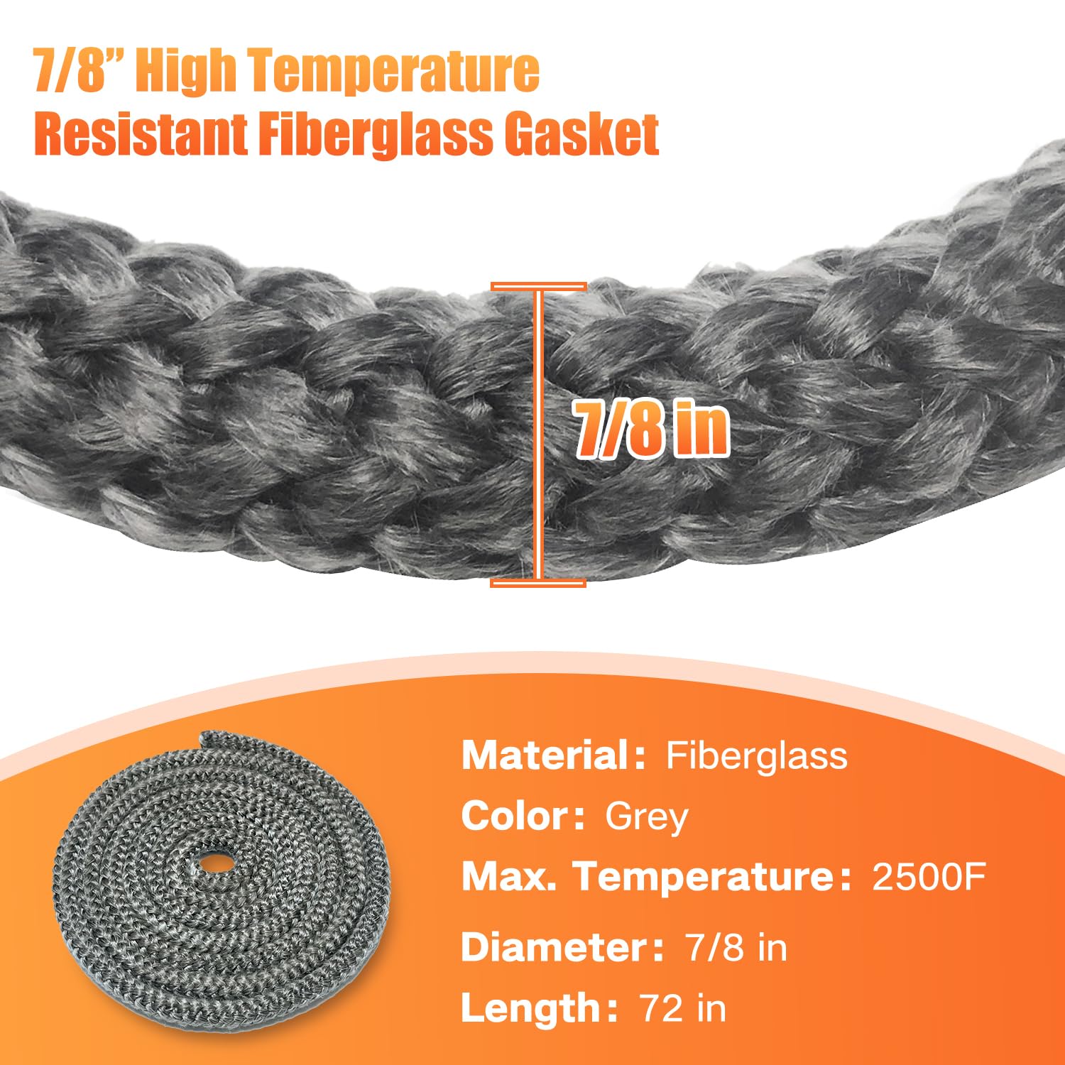 Wood Stove Gasket (7/8'' X 72'' Rope), Wood Stove Door Gasket, Grey Color Fiberglass Gasket, Wood Stove Door Seal, 7/8 In High T