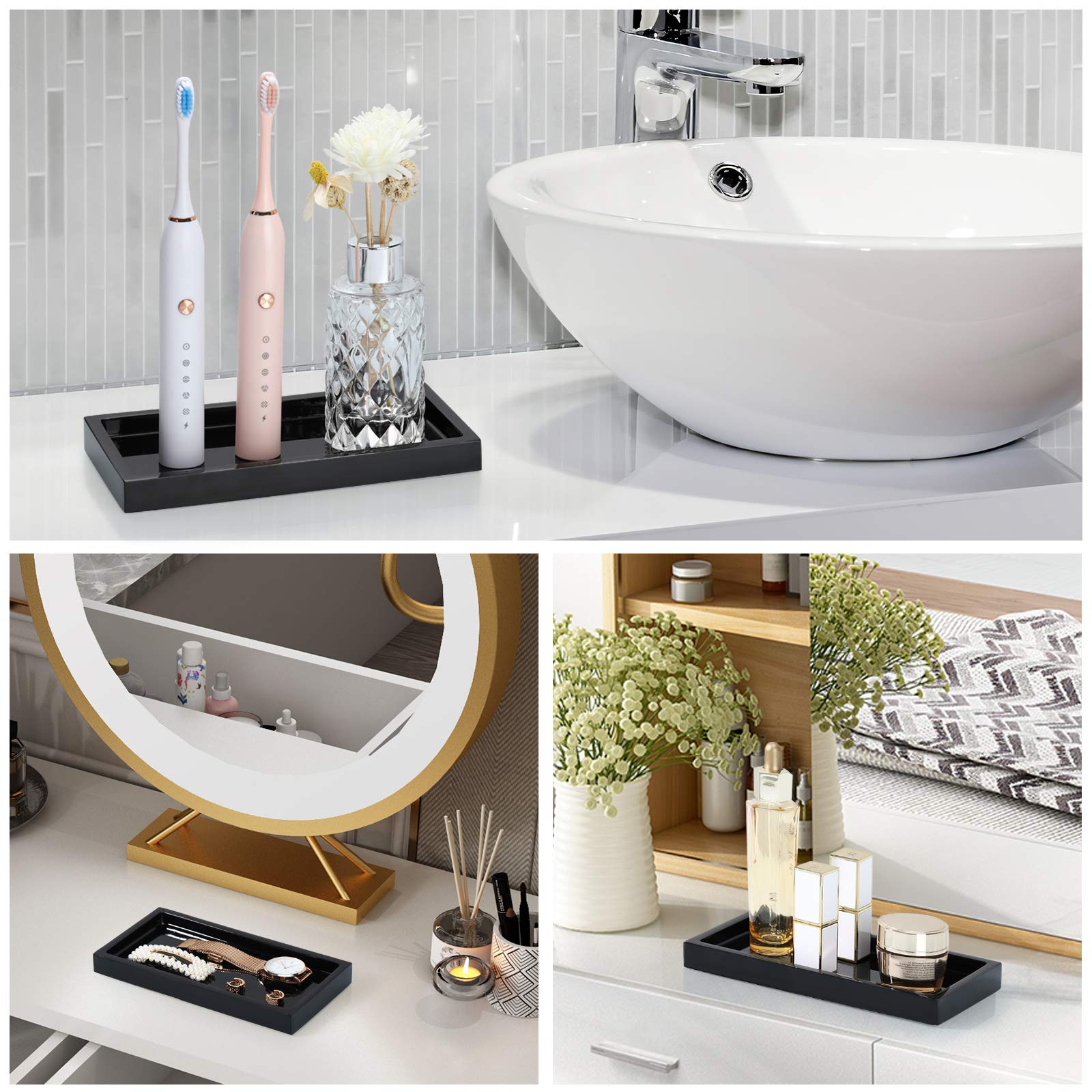 Emibele Vanity Tray  8 '' Rectangular Resin Bathroom Kitchen Sink Counter Organizer Tray Dresser Tray Jewelry Ring Dish Holder Cosmetic Tray for Perfume Candle Small Plant Home Decor  Mini  Black