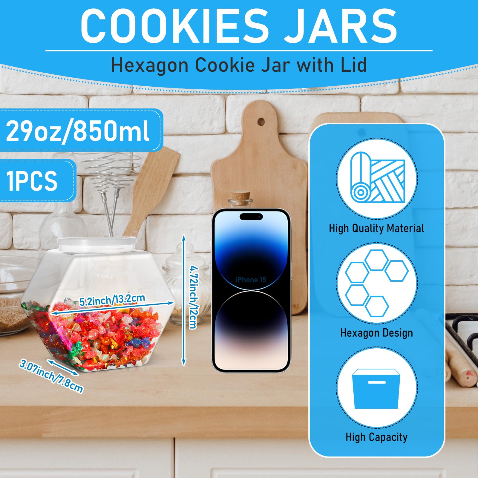 Uiifan 1 Piece Hexagonal Plastic Candy Jar With Lid Cookie Jar Clear Hexagonal Candy Containers For Snacks, Cookies, Dog Food, C