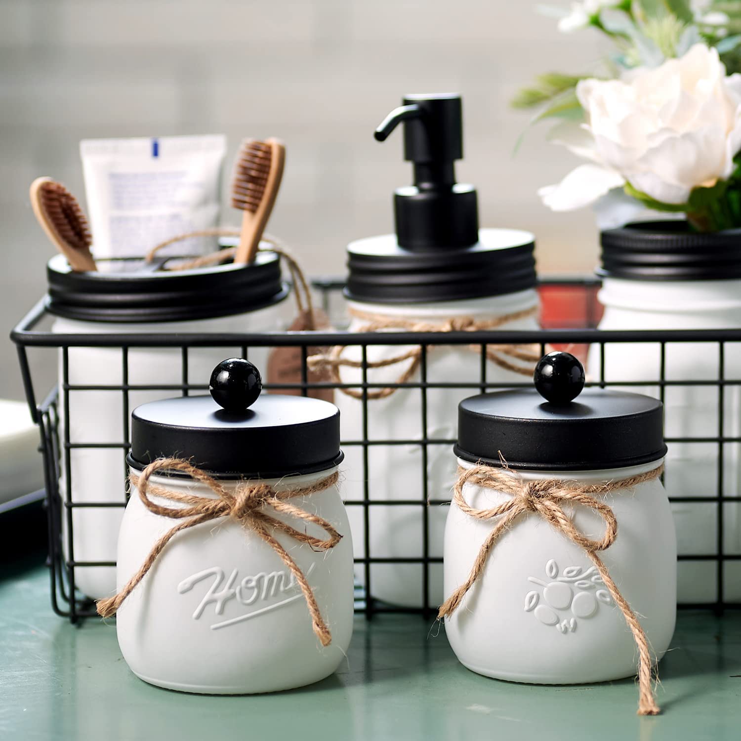 Amolliar Mason Jar Bathroom Accessories Set (4 Pack)-White Retro Lotion Soap Dispenser & 2 Apothecary Jars & Toothbrush Holder-