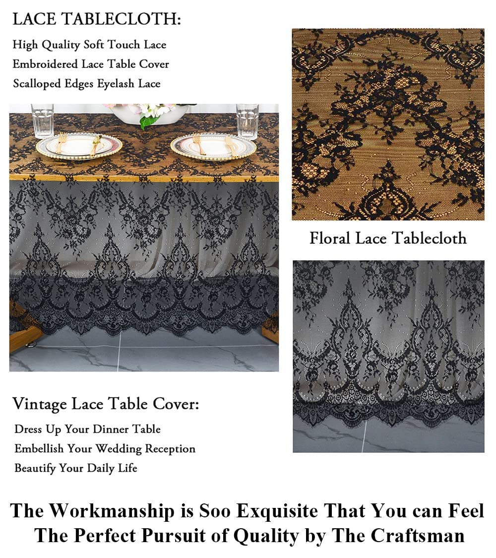 Vintage-Lace-Tablecloth 60X120-Inch 1 Pack Black Lace Rectangle Tablecloth Lace Boho Print Tablecloth Lace Overlay Tablecloth La