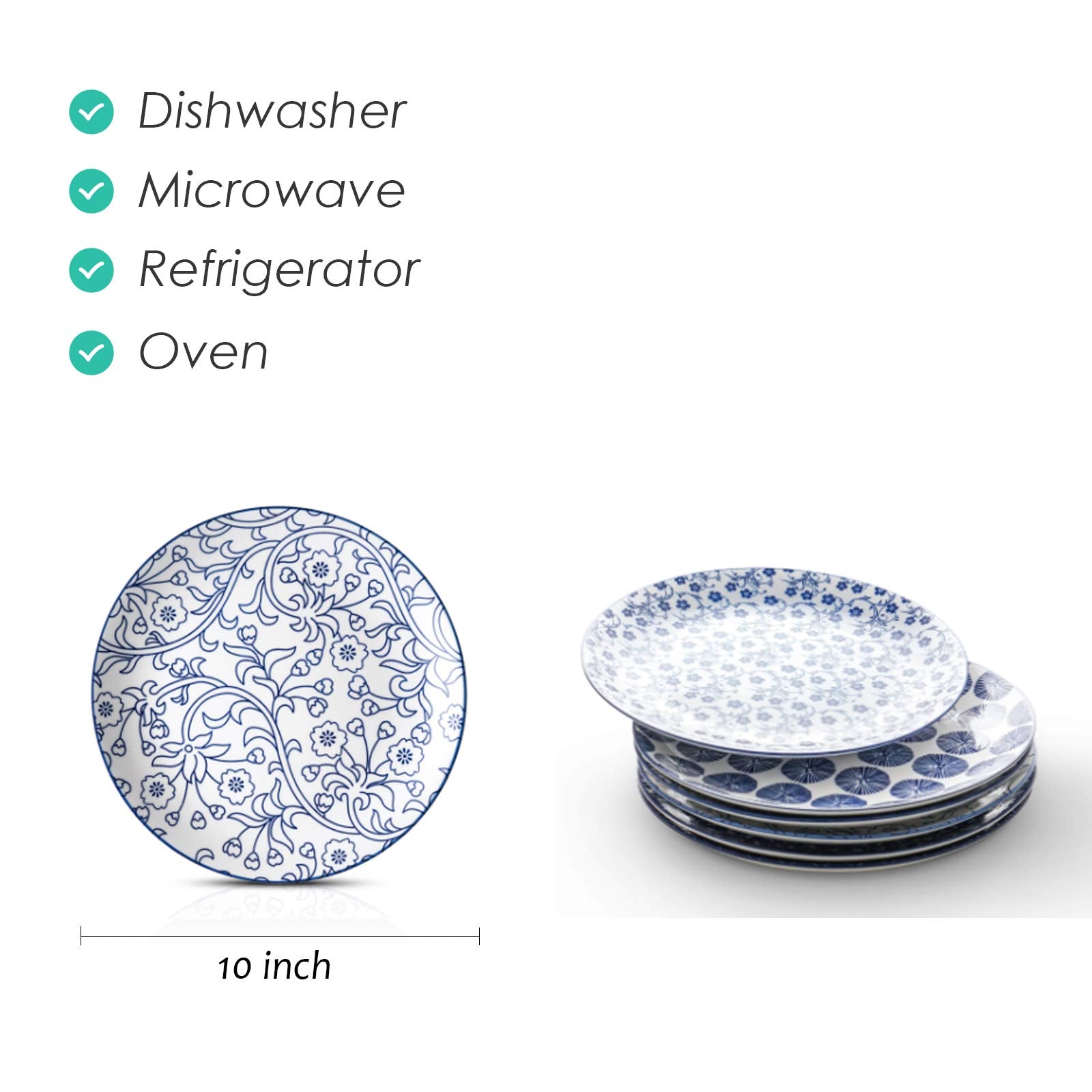 Selamica 10 Inch Porcelain Dinner Plates, Large Size Serving Plate For Salad, Pancakes, Steak, Set Of 6, Vintage Blue