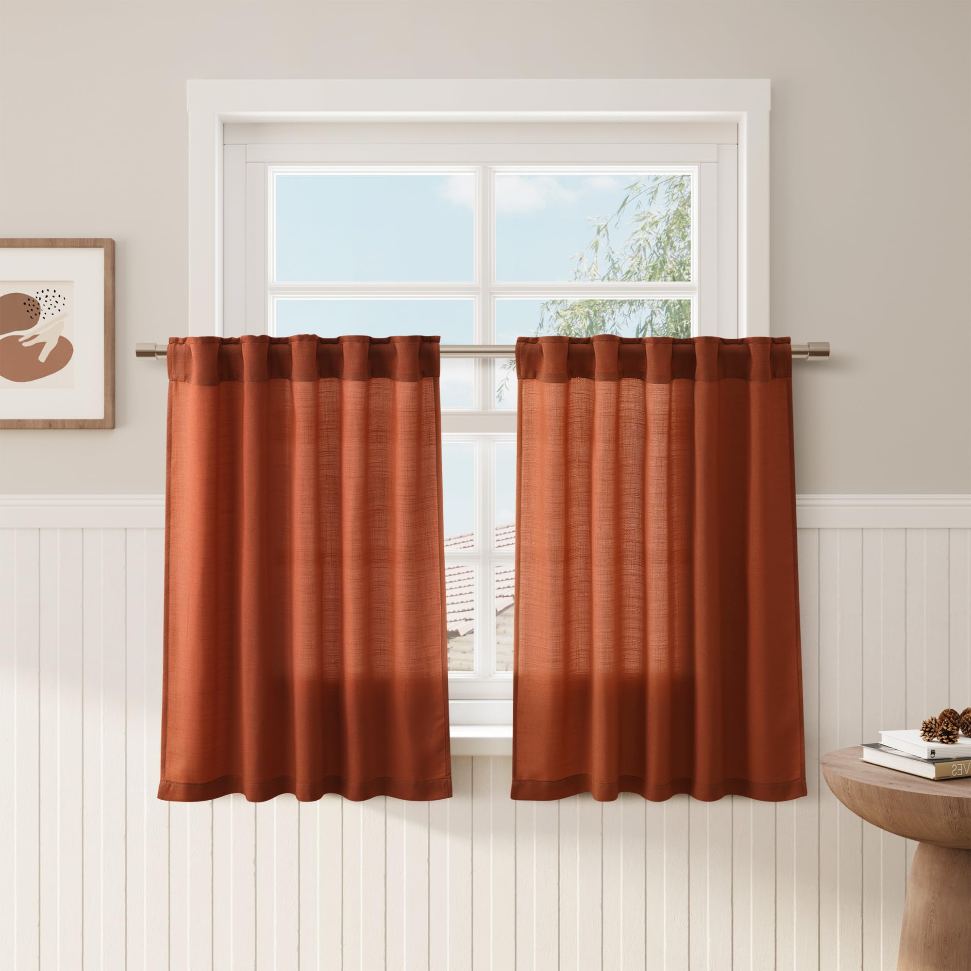 Terracotta Kitchen Short Linen Curtains 36 Inch Length 2 Panels Semi Sheer Linen Light Filtering Valances Back Tab Rod Pocket De