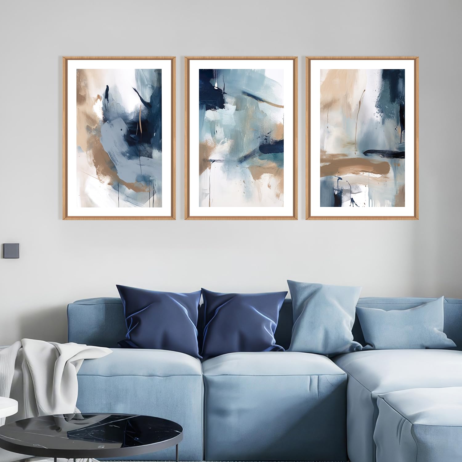 Lhiuem Large Navy Blue Brush Strokes Framed Canvas Wall Art Set,Abstract Neutral Art Painting,Modern Pastel Brown Artwork,Minima
