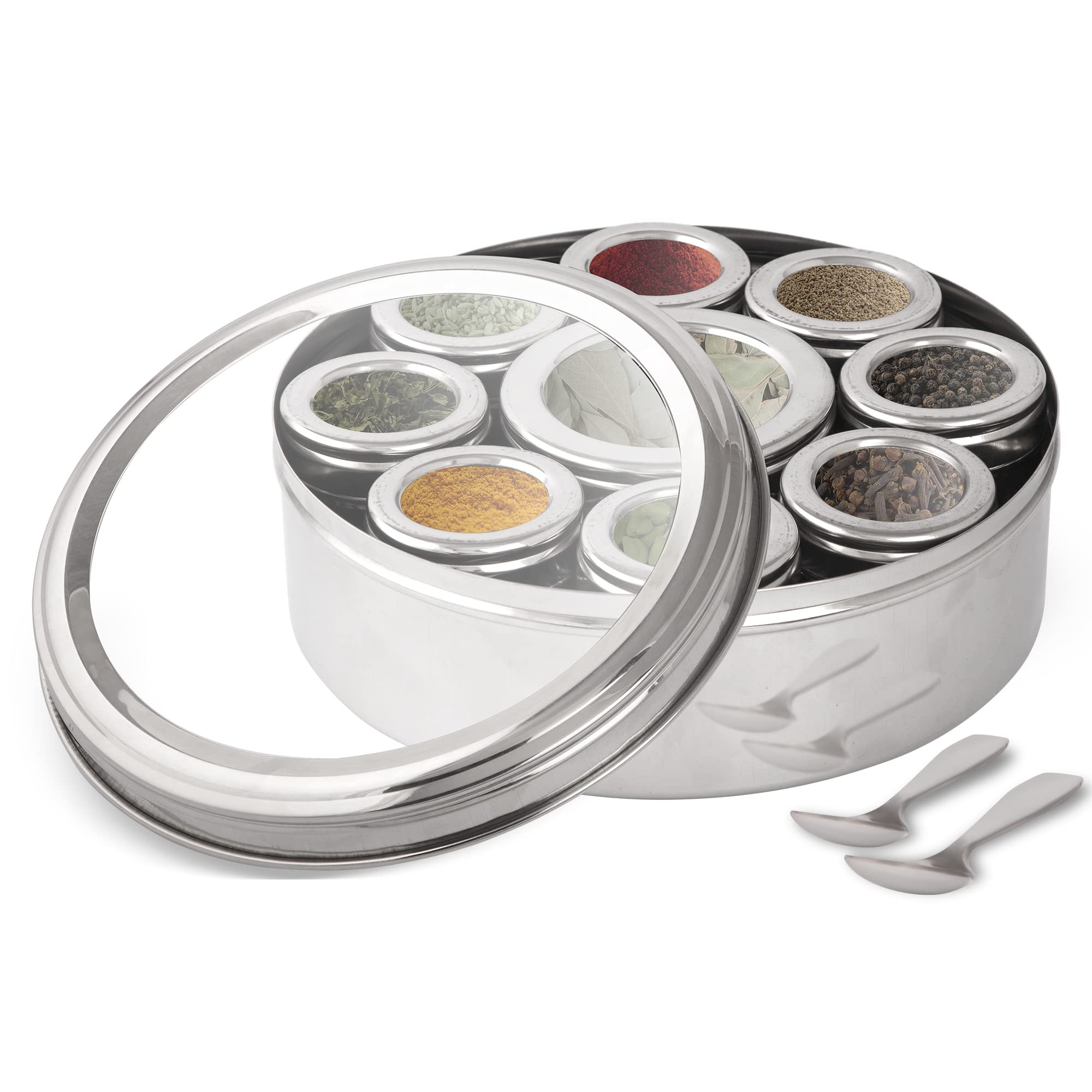 KSJONE Large Stainless Steel Spice Container Masala Dabba with 9 Compartments and Transparent Lid - Silver - Model KSJ0162