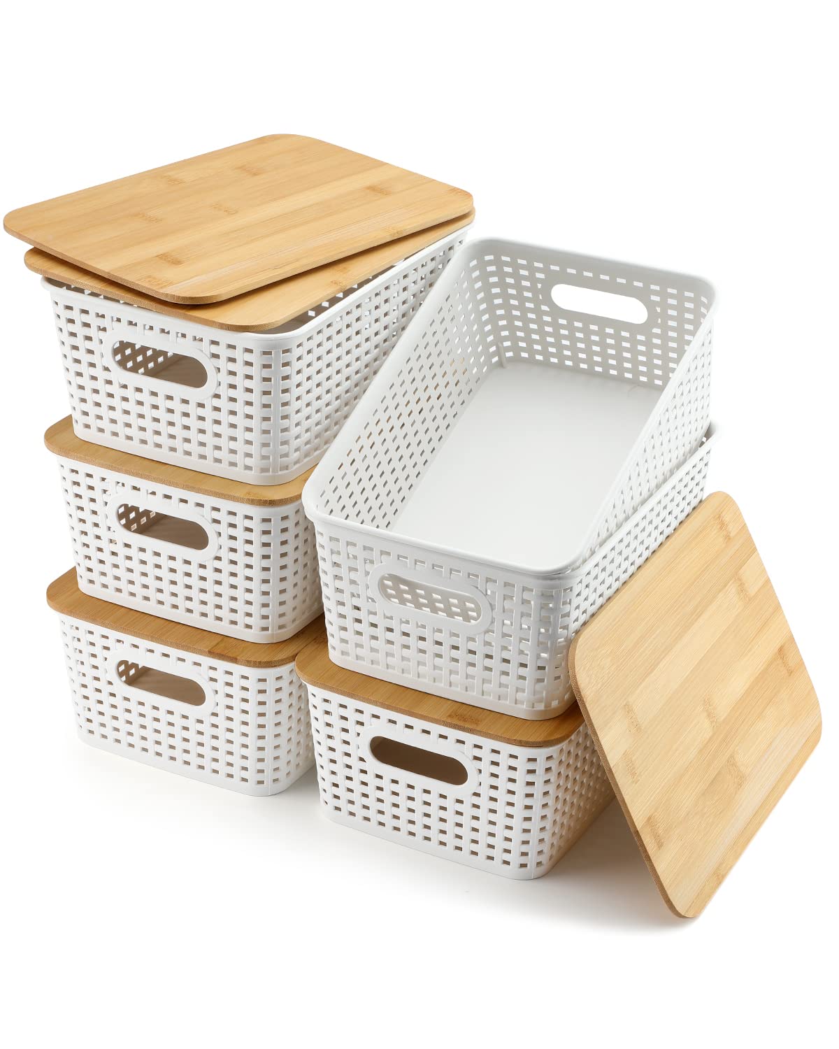 Eoenvivs Storage Bins With Lids 6 Packs, Plastic Storage Bins With Bamboo Lids For Pantry Organization And Storage Containers Fo