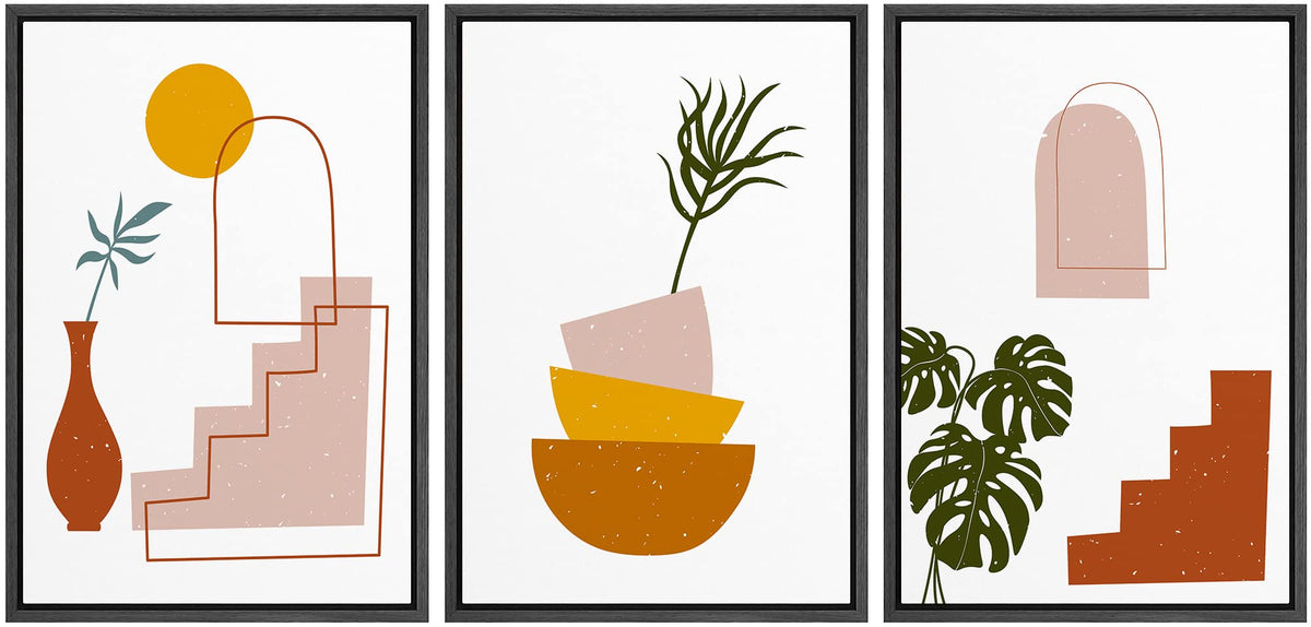 Idea4Wall Framed Wall Art Print Set Monstera Leaves With Plants & Stairways Geometric Flower Illustrations Modern Art Rustic Col