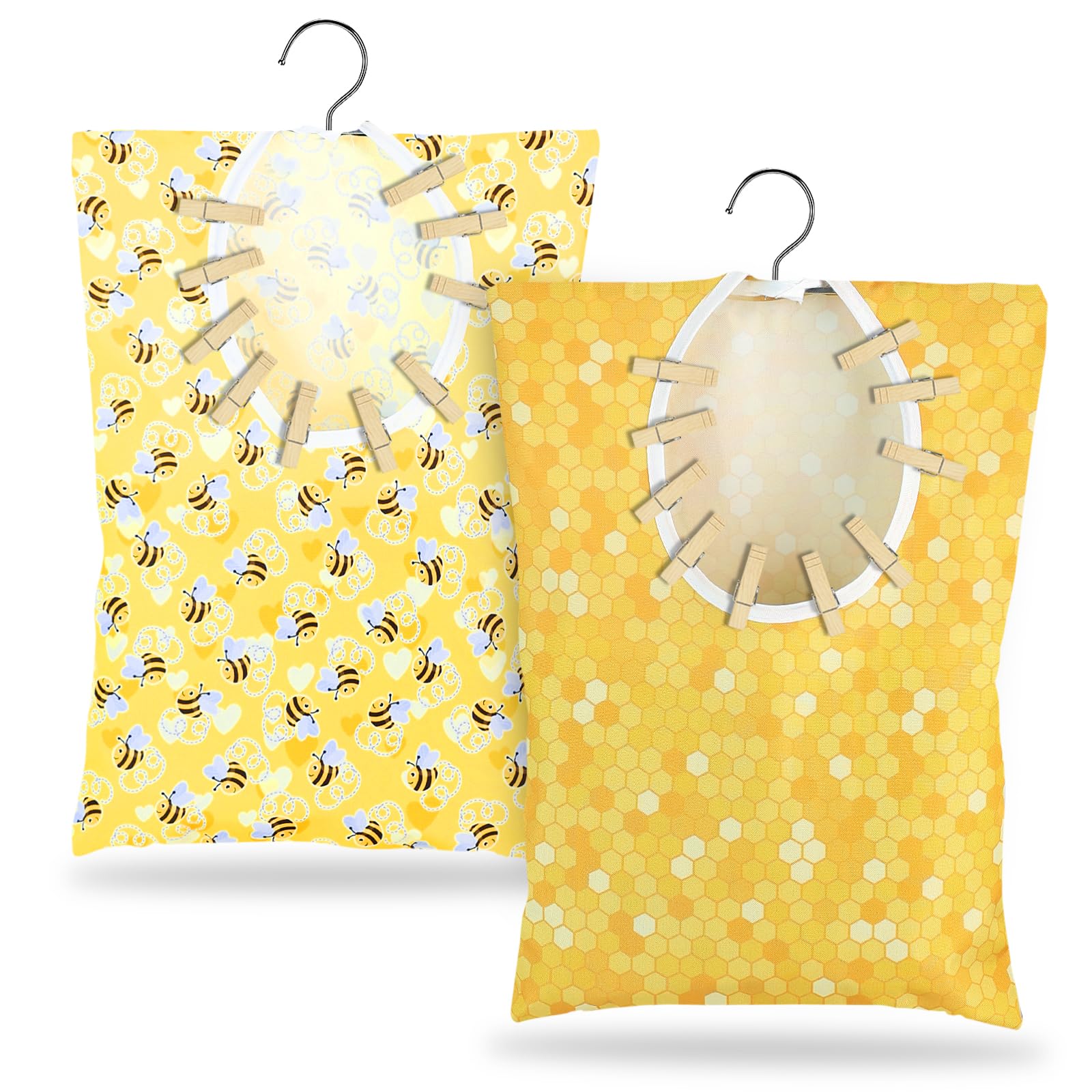 2 Pcs Bee Clothes Pin Bag Bee Clothespin Bag Holder Bee Honeycomb Clothespin Holder 15 X 11 Inch Clothes Pin Hanging Bag Clothes