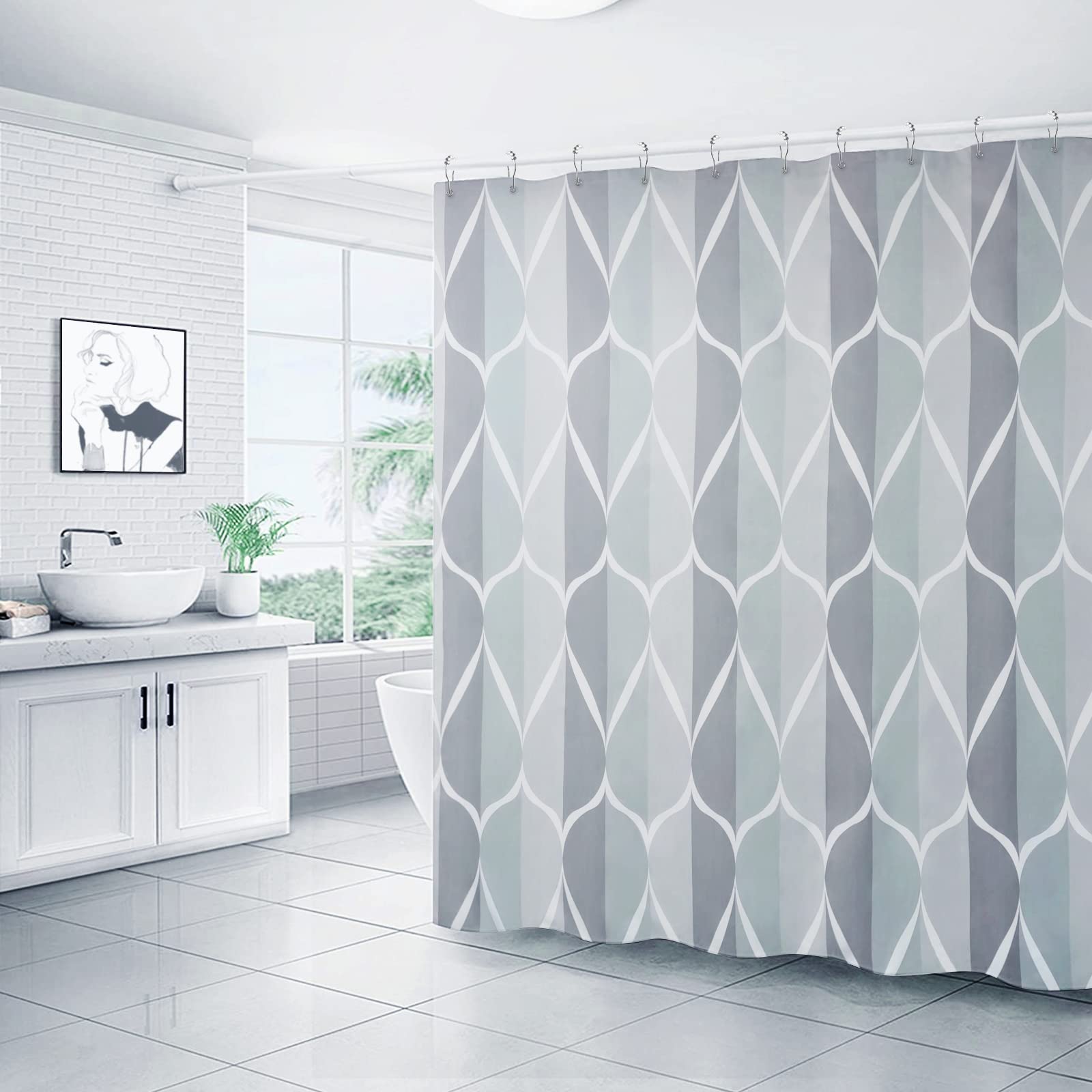 Gelbchu Grey Geometric Shower Curtain,Waterproof Design And Polyester,Quick-Drying,Weighted Hem,Extra Short Long Shower Curtains