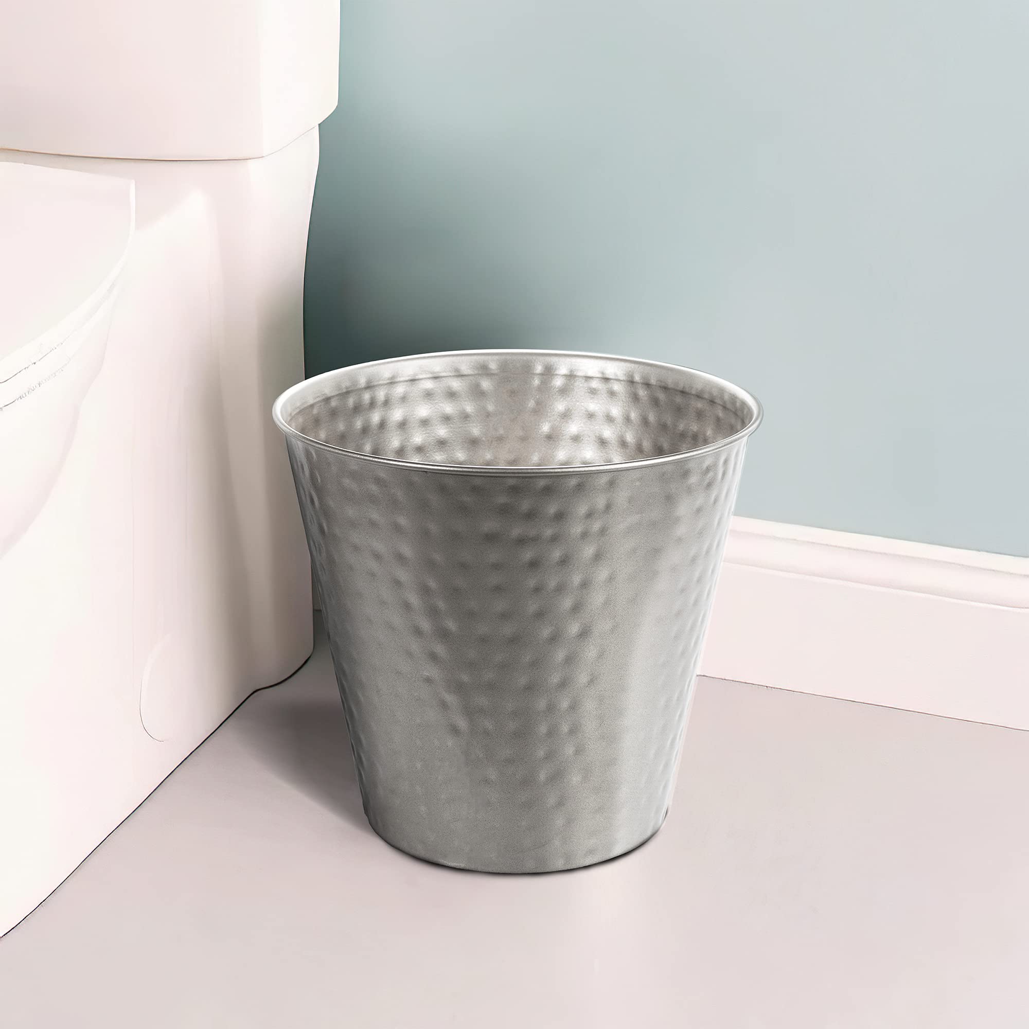 Monarch Abode Metal Wastebasket Trash Can, Hand Hammered, Bathroom Decor, Pewter