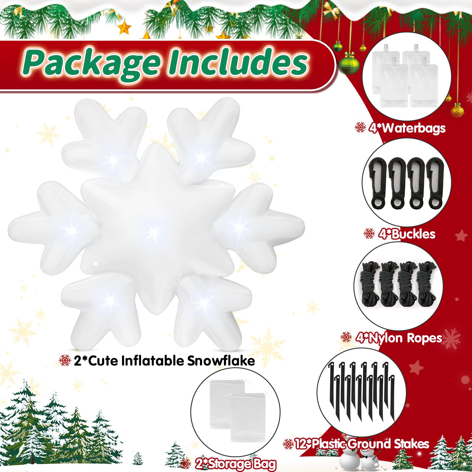 2 PCS Christmas Inflatable Snowflake 4.2 FT Giant Blow Up Snowflakes Built-in 7 LED Lights for Christmas Inflatable Outdoor Deco