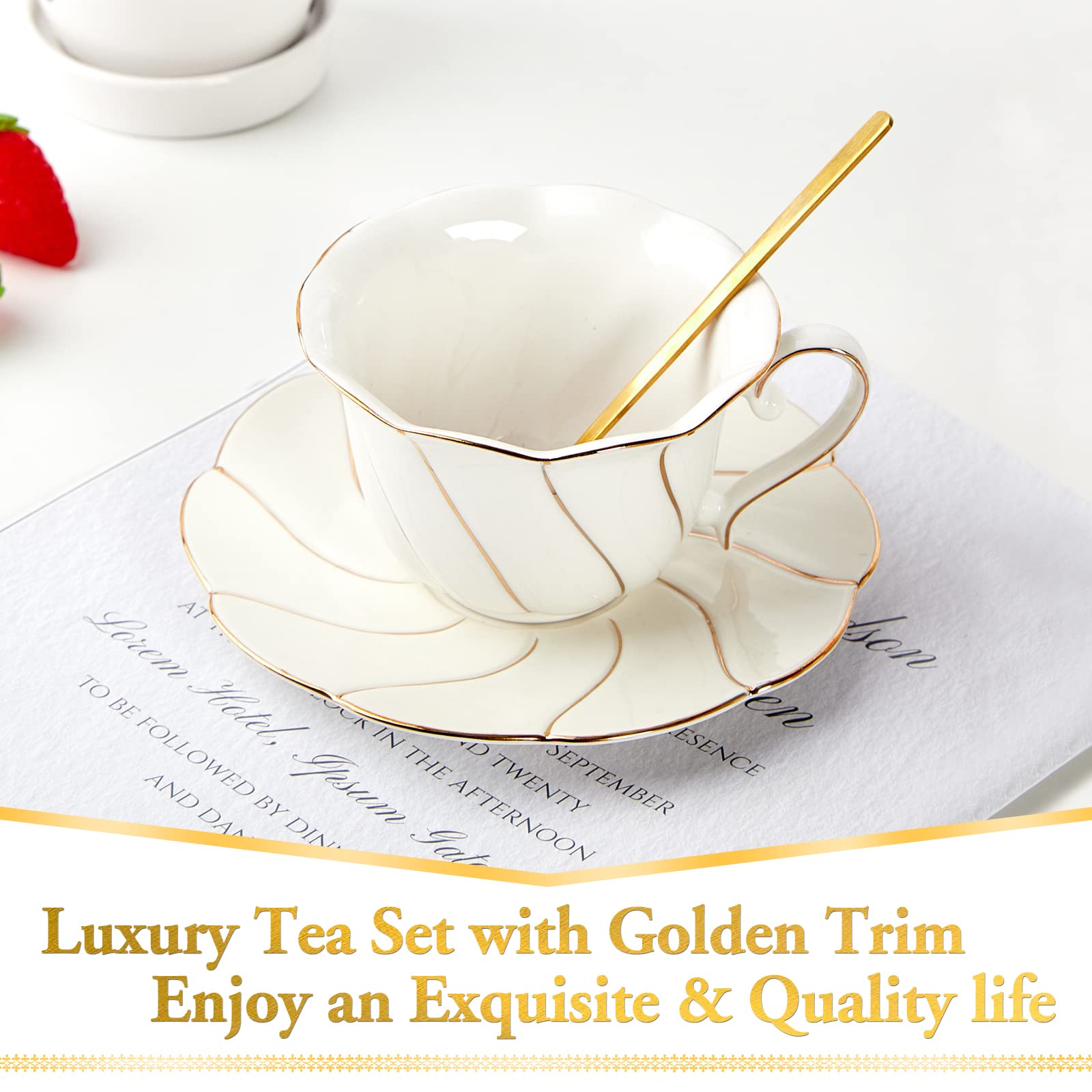Dujust 3 Pcs Porcelain Tea Cup And Saucer Set With Tea Spoon, Luxury British Style Tea/Coffee Cup Set With Golden Trim, Beautifu