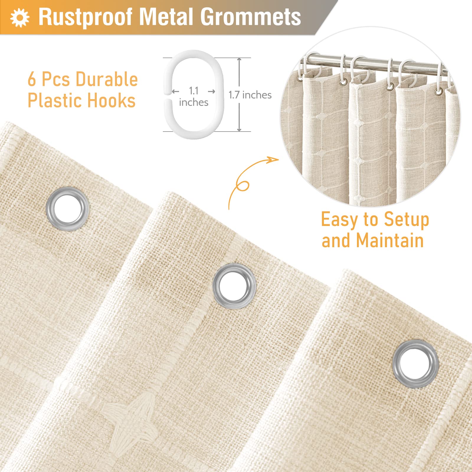 Bttn Extra Wide Shower Curtain - 108X72 Inch Boho Farmhouse Fabric Heavy Duty Shower Curtain Set With 18 Hooks, Large Linen Neut