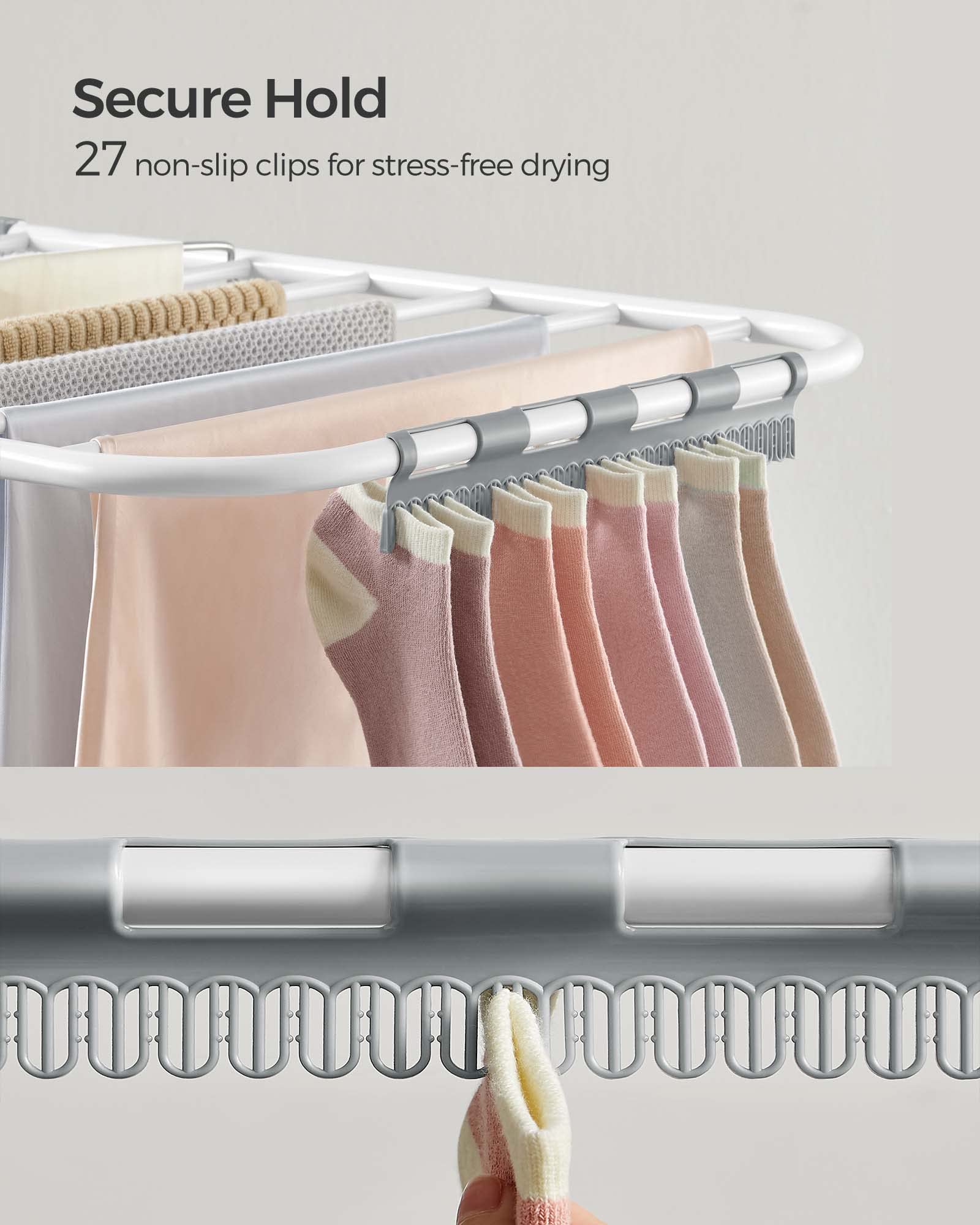 Songmics Clothes Drying Rack, With Sock Clips, Stainless Steel Laundry Rack, Foldable, Space-Saving, Free-Standing Indoor Airer,