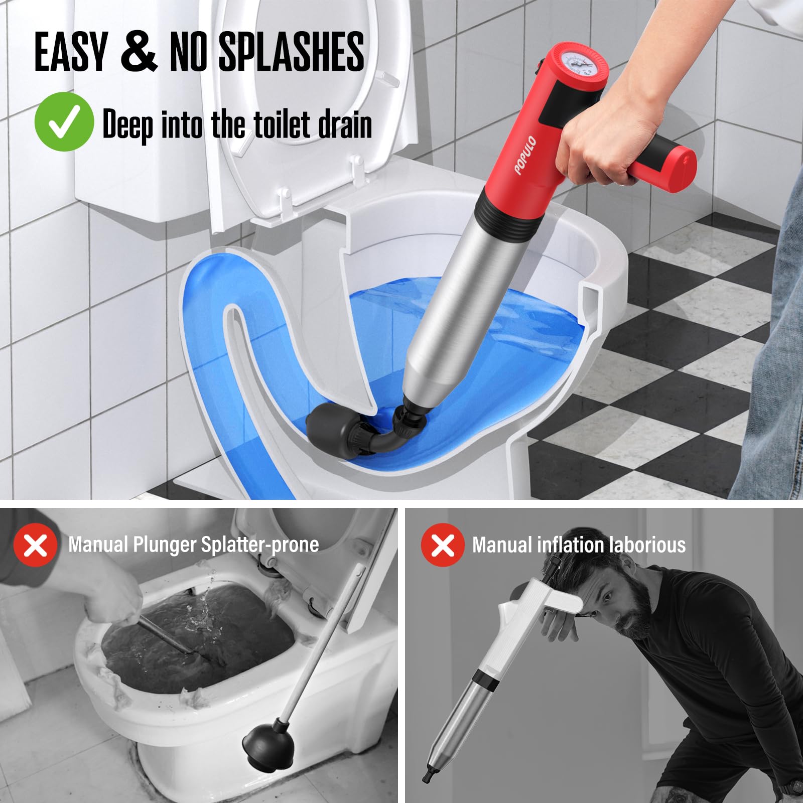 Populo Electric Toilet Plunger - Swift High-Pressure Drain Unclogger | Plungers For Bathroom, Floors, Shower Heavy Duty | Versat