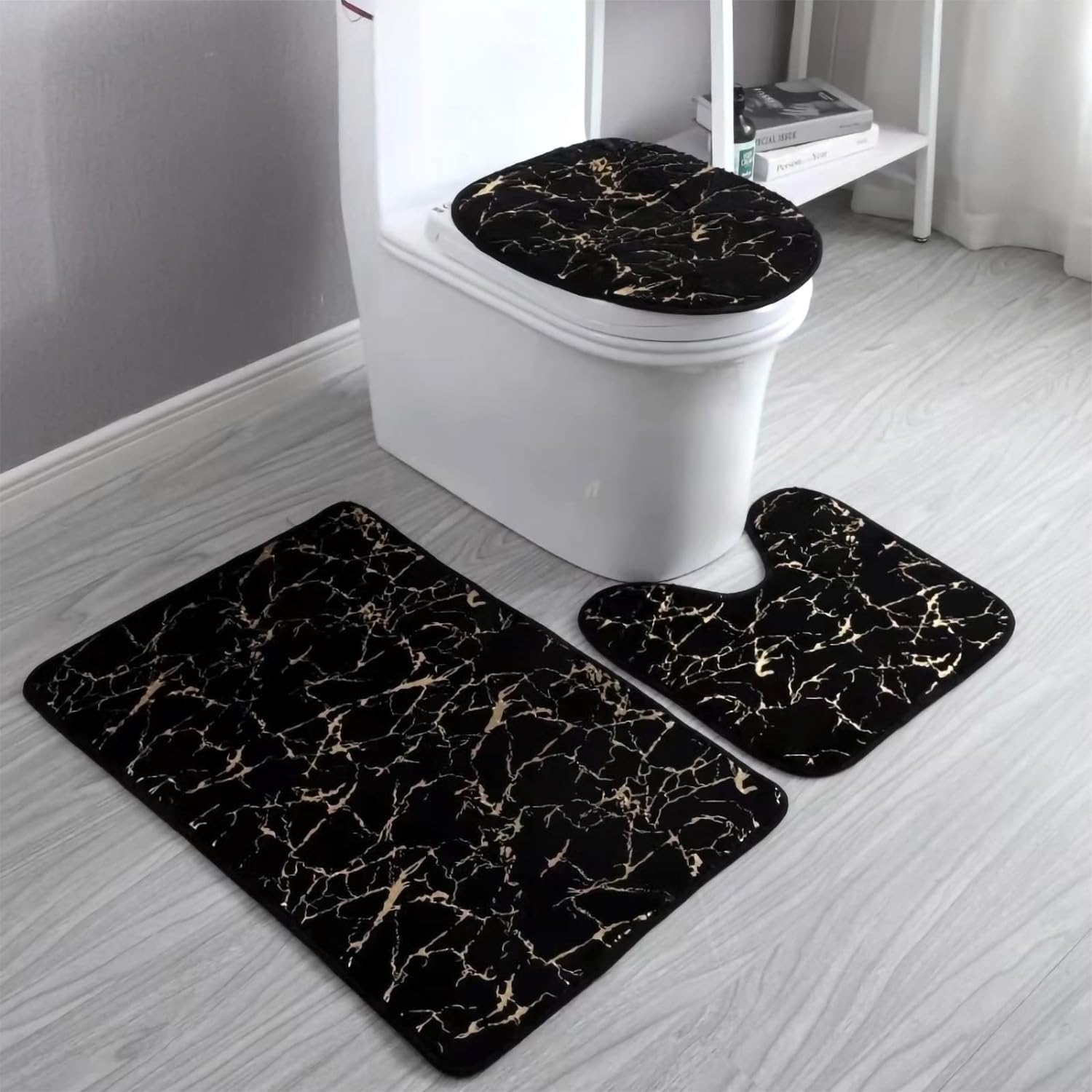 Marble Bathroom Rugs and Mats Set 3 Piece Nonslip Black Gold Bathroom Mats Soft Washable Bath Mats for Bathroom Floor Mats Carpet Water Absorbent Shower Rug with U-Shaped Contour Rug Toilet Lid Cover