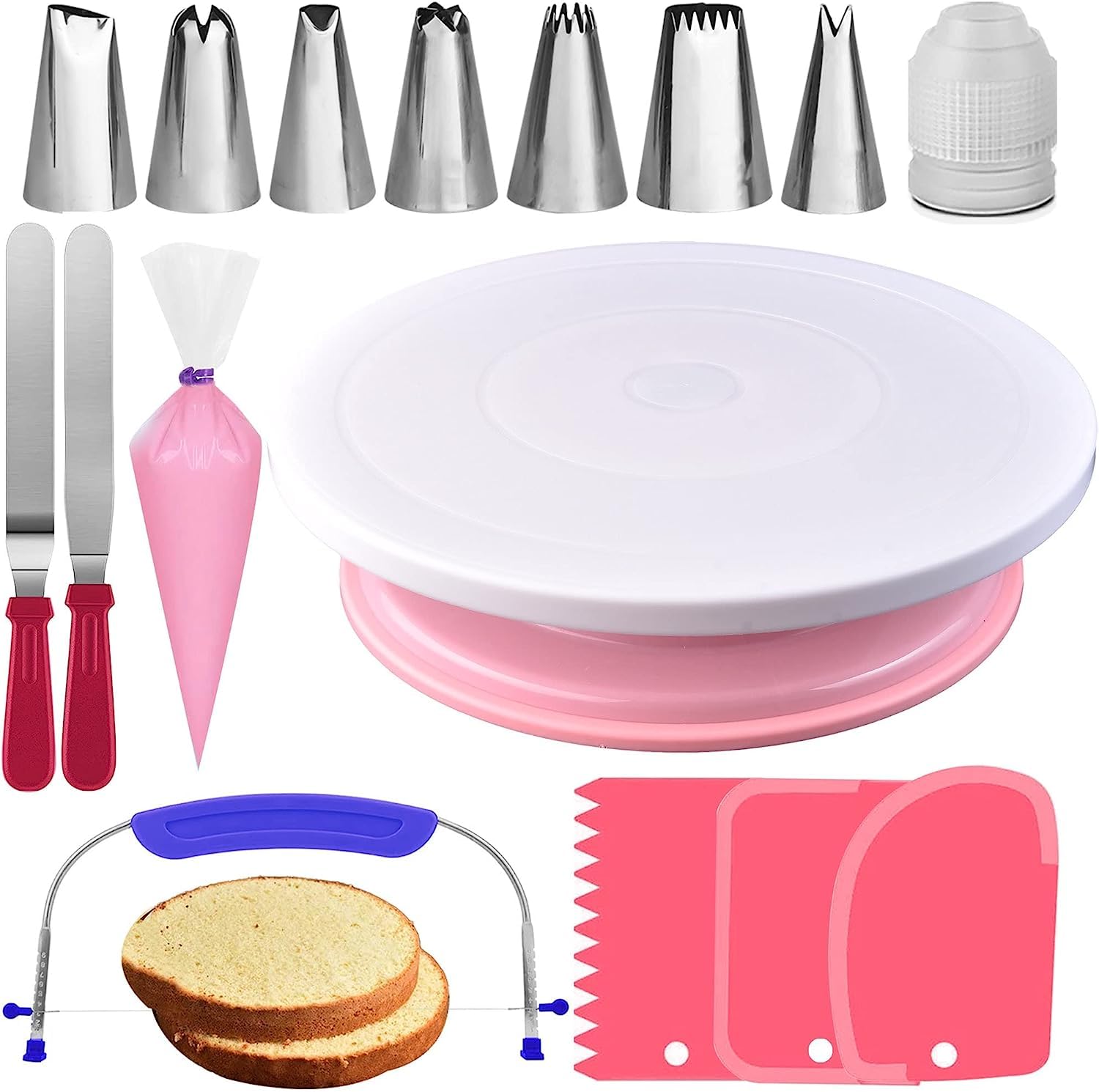Rfaqk 35Pcs Cake Turntable And Leveler-Rotating Cake Stand With Non Slip Pad-7 Icing Tips And 20 Bags- Straight & Offset Spatula