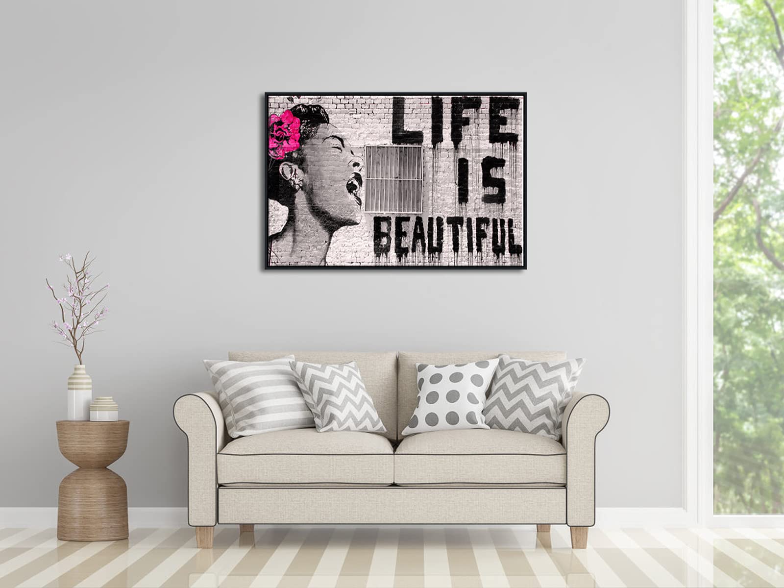 Pyradecor Black Framed Large Banksy Life Is Beautiful Artwork Modern Grey Love Pictures Paintings Canvas Wall Art For Bedroom Li