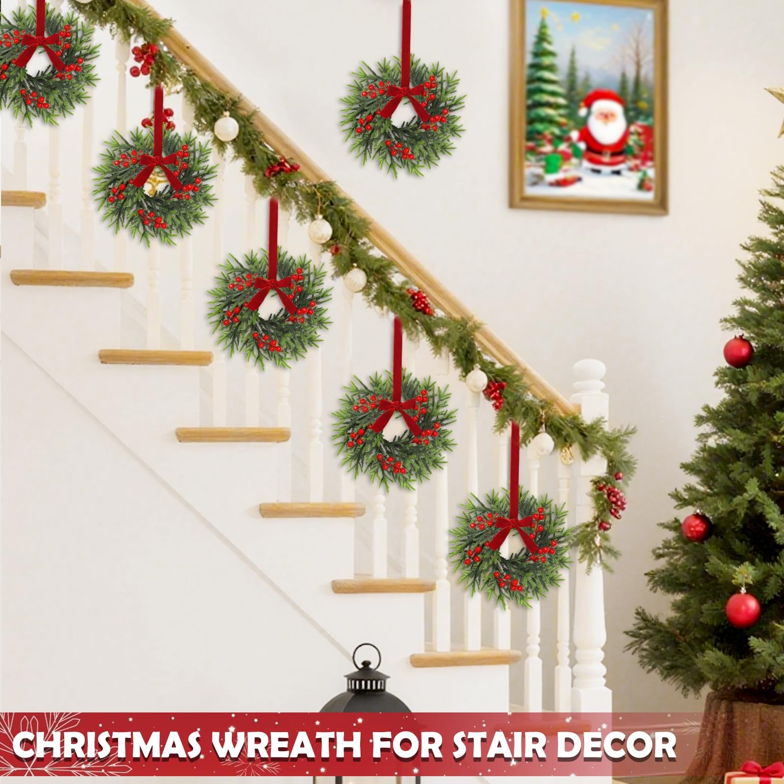 6 Pcs Mini Christmas Wreath for Cabinets Kitchen, 11 Inch Hanging Small Christmas Wreaths with Red Bows Cedar Branchs Red Berry