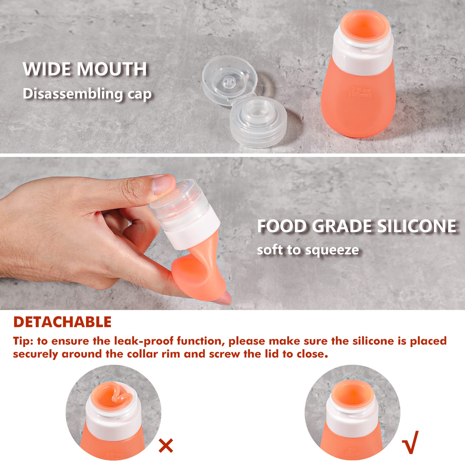 Webake 2Oz Salad Dressing Container To Go, 5 Pack Condiment Squeeze Bottles Silicone Sauce Bottles With 2Pcs Cleaning Brush, Lea