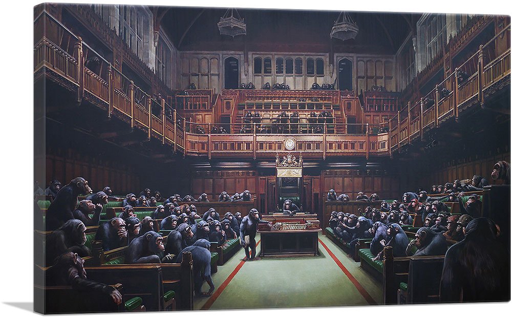 Artcanvas Monkey Parliament Canvas Art Print Stretched Framed Painting Picture Poster Giclee Wall Decor By Banksy - 12'' X 8'' (