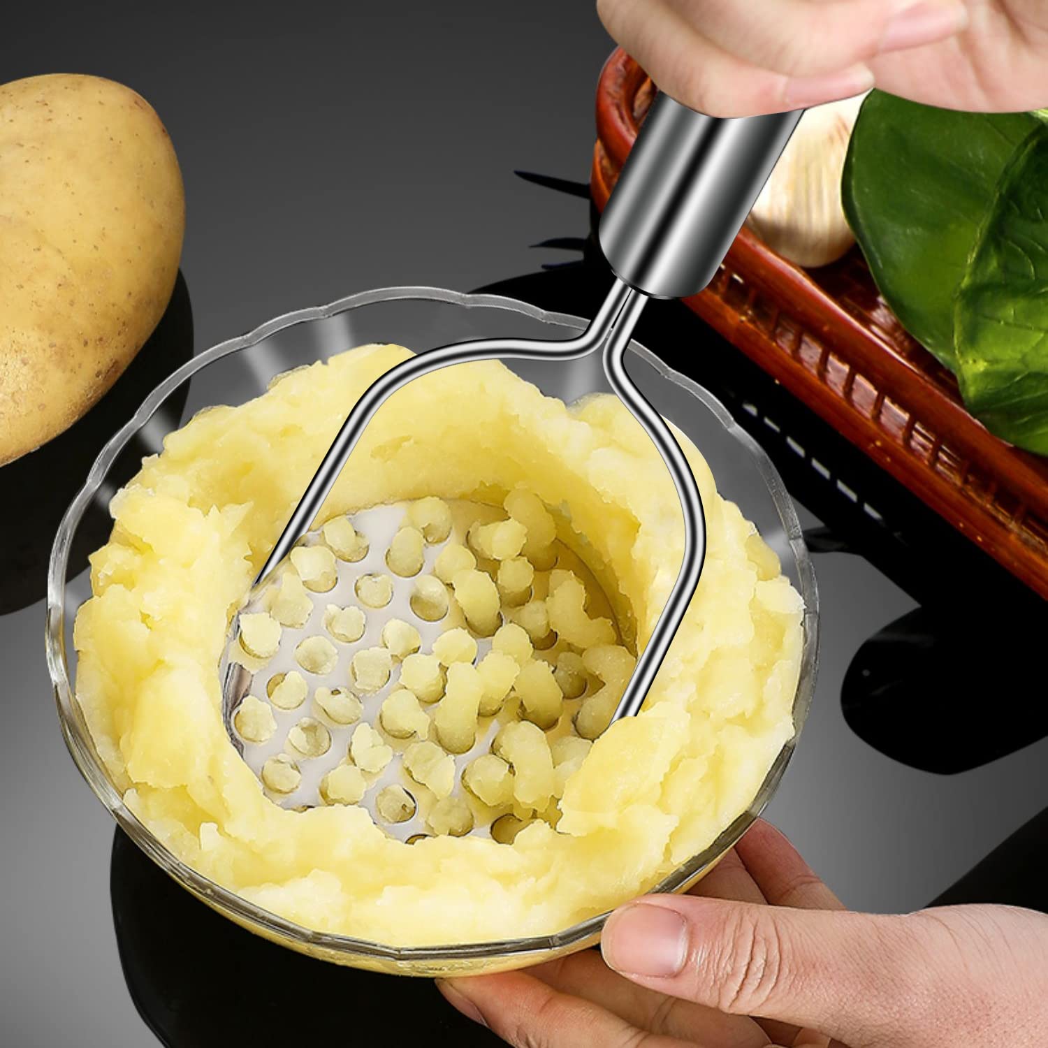 Potato Masher, Sopito 2 Pack Stainless Steel Integrated Masher Kitchen Tool Food Masher For Potatoes, Vegetables, Berries, Fruit