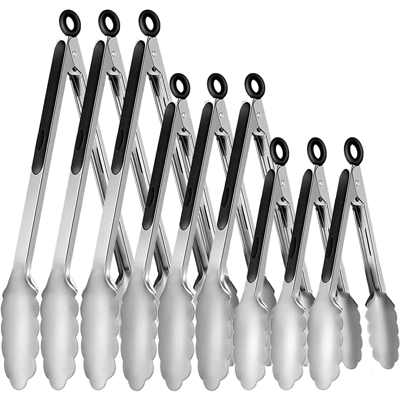 9 Pieces Stainless Steel Kitchen Tongs Grilling Locking Cooking Tongs Non-Slip Metal Food Tongs For Cooking, Salad And Bbq, 7, 9
