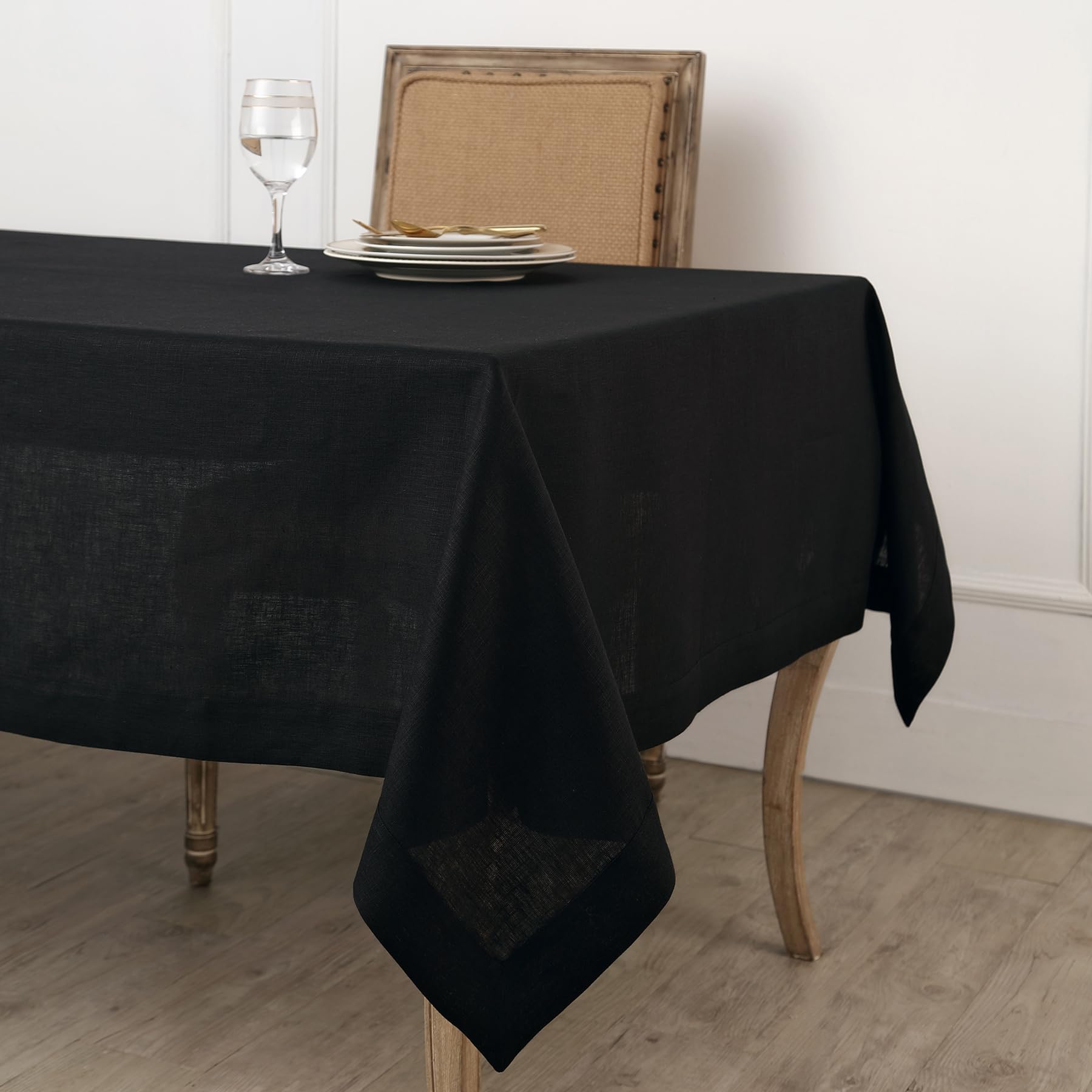 Solino Home Linen Black Tablecloth 60 x 90 Inch - 100% Pure Linen Rectangular Tablecloth - Machine Washable Table Cloth for Fall