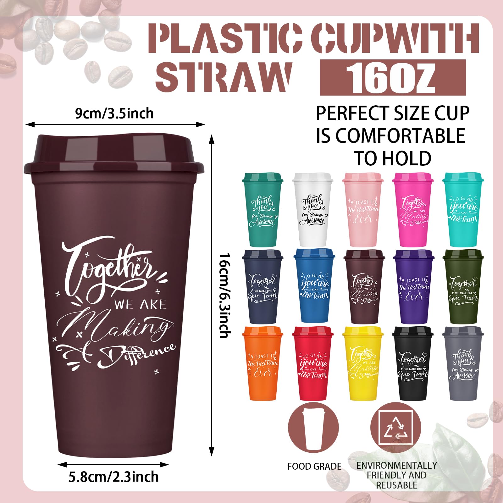 Pickmesh 15 Pcs Employee Appreciation Gift Thank You Gift For Team 16Oz Plastic Coffee Cup With Lid Inspirational Tumbler Travel