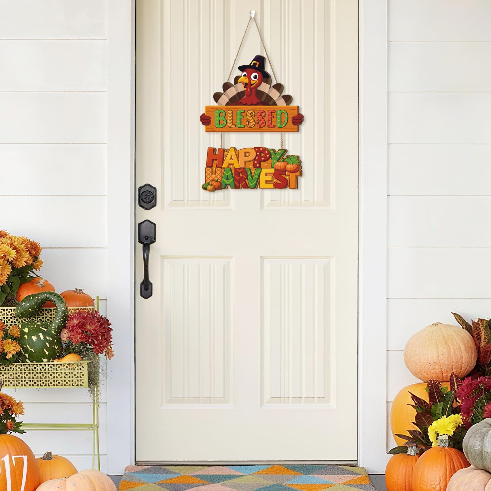 Ausril Thanksgiving Turkey Door Hanging,Autumn Turkey Shape Door Decor,Happy Harvest Wooden Sign,Fall Bless Harvest Wall Plaque,
