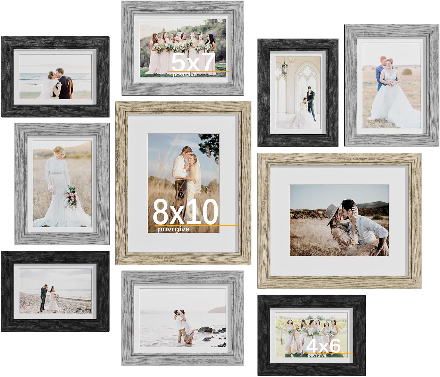 Povrgive Picture Frames Set of 10, Picture Frames Collage Wall Decor with 8x10 5x7 4x6 Frames in 3 Different Finishes