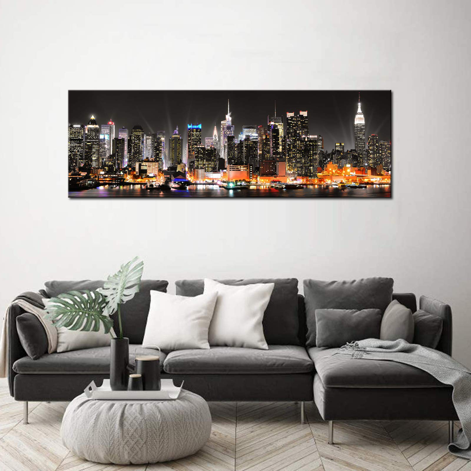 Biuteawal New York City Canvas Wall Art Manhattan Skyline at Night Picture Prints Framed NYC Skyline Landscape Artwork Modern Canvas Print Art for Home Office Living Room Decor