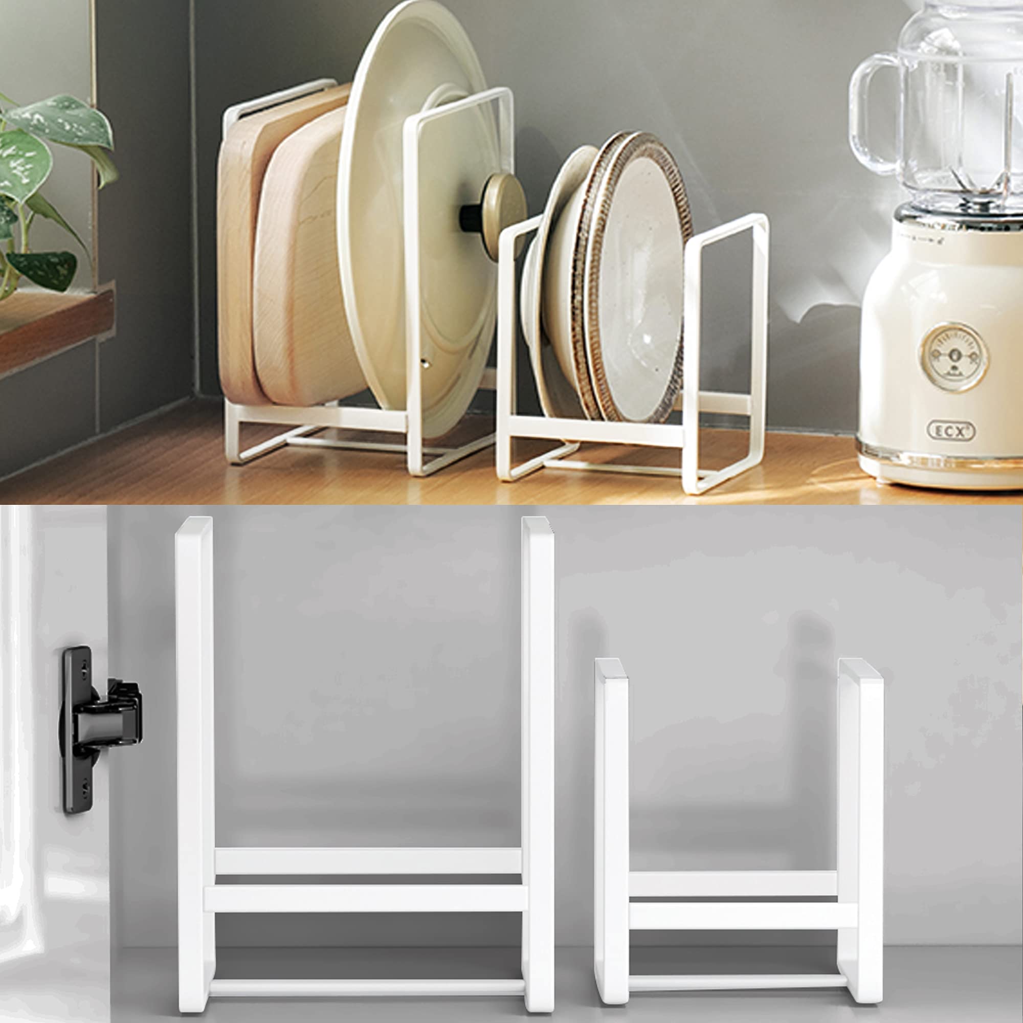 4Pcs Plate Holders Organizer, Metal Dish Storage Dying Display Rack For Cabinet, Counter And Cupboard - White, 2 Small And 2 Lar