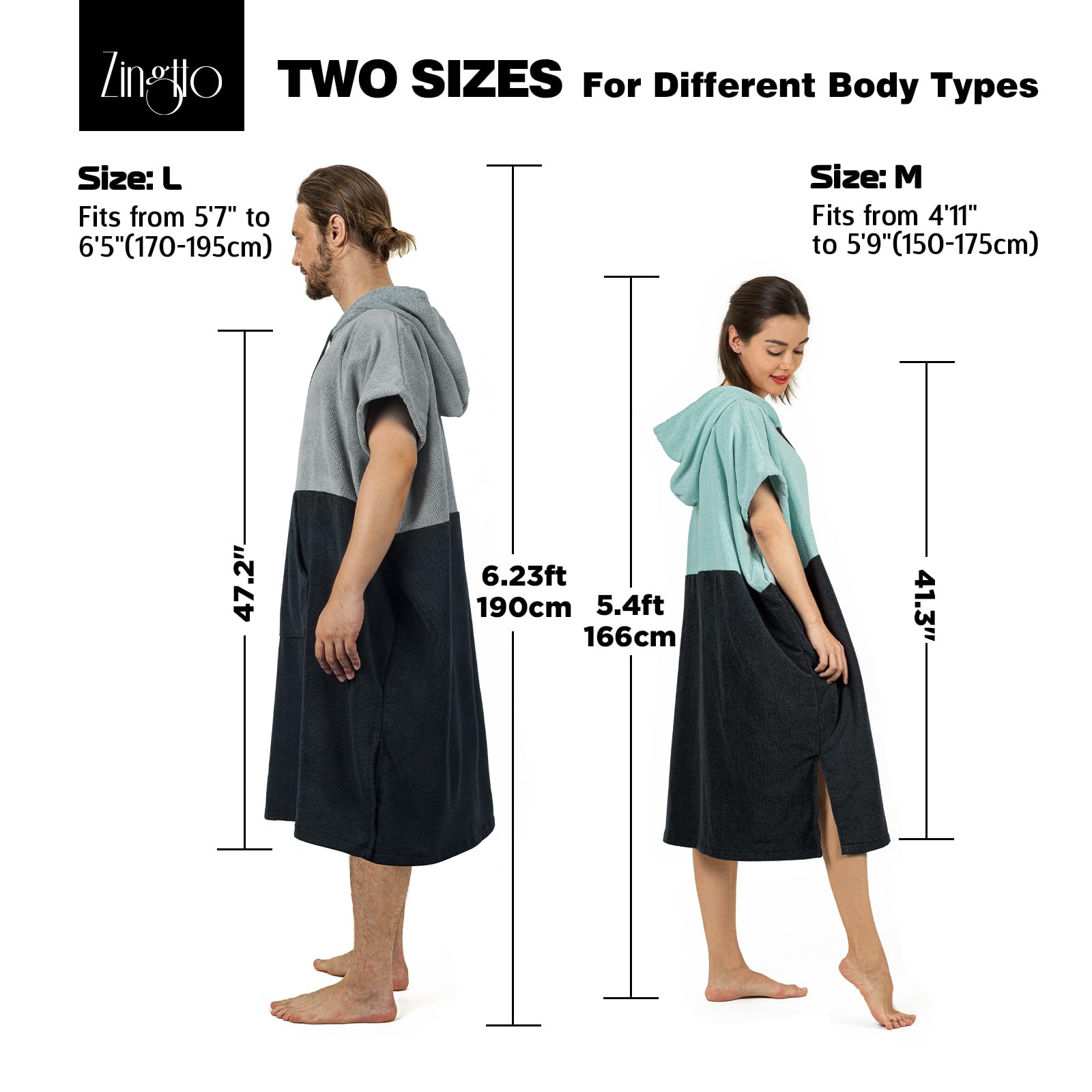 Zingtto Surf Poncho Changing Robe Extra Large Thick Towel Poncho For Men Women With Hood Pocket For Beach Swimming, 41X33, Black