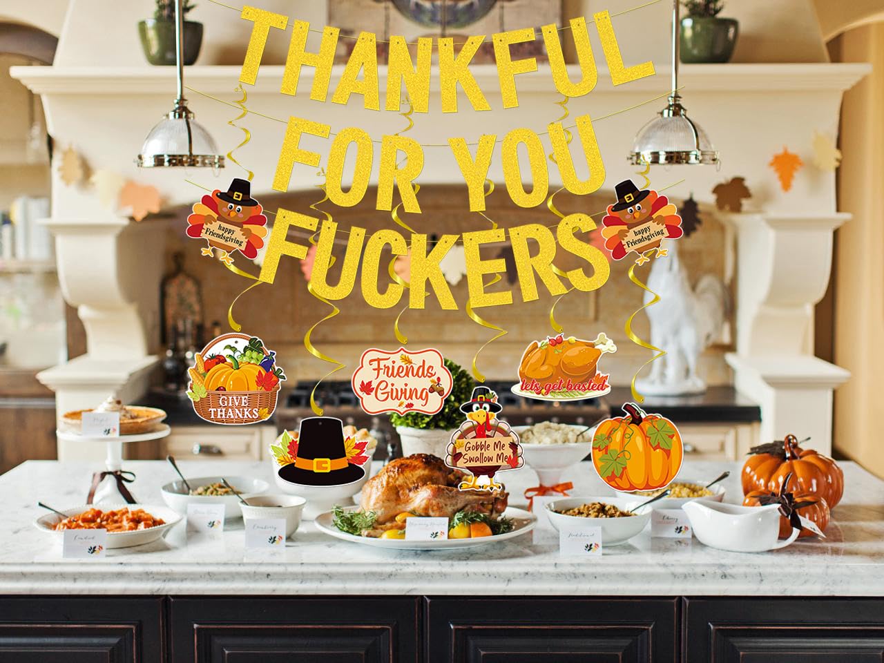 Thankful For You Banner,Gold Friendsgiving Decorations Banner With Hanging Swirls,Js2 Thanksgiving Party Decorations For Mantel