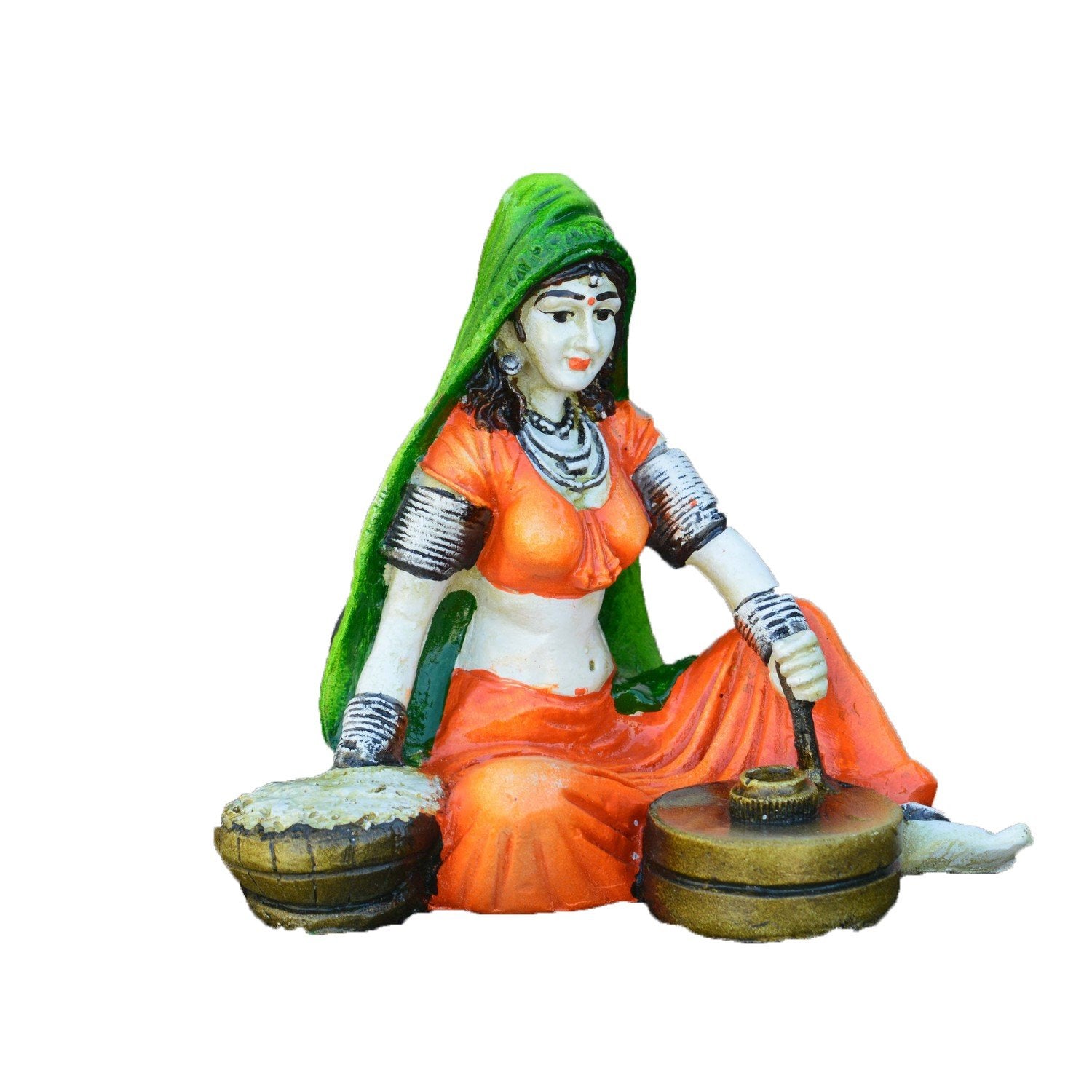 Ecraftindia Rajasthani Lady Using Flour Machine Polyresin Statue (15 Cm X 12.5 Cm X 12.5 Cm, Orange And Red)