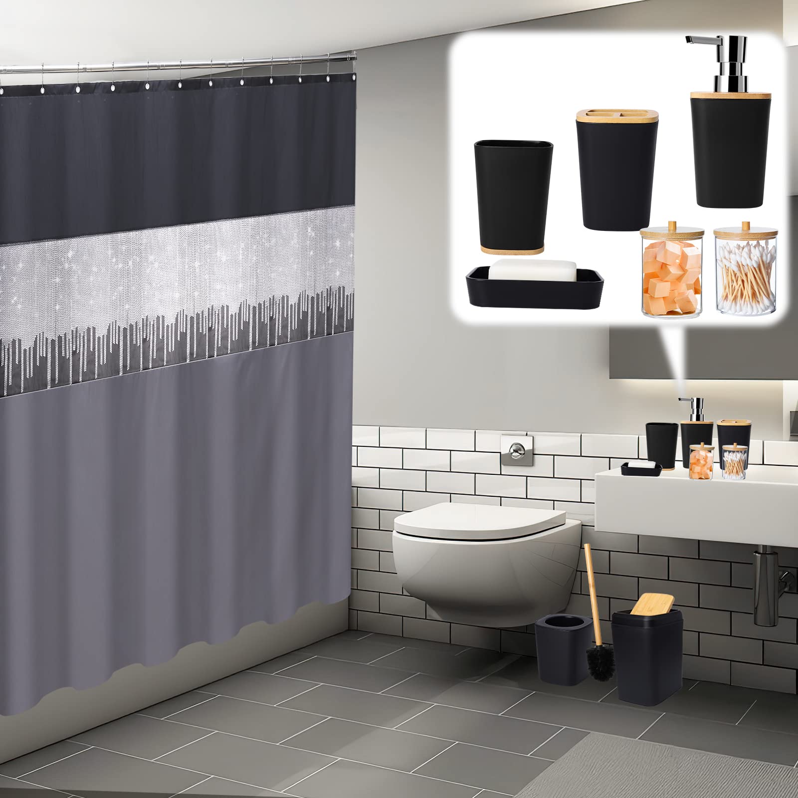 Xlhomo Black Bathroom Accessories With Glitter Shower Curtain,10 Piece Bathroom Sets With Shower Curtain Set Bathroom Set Black