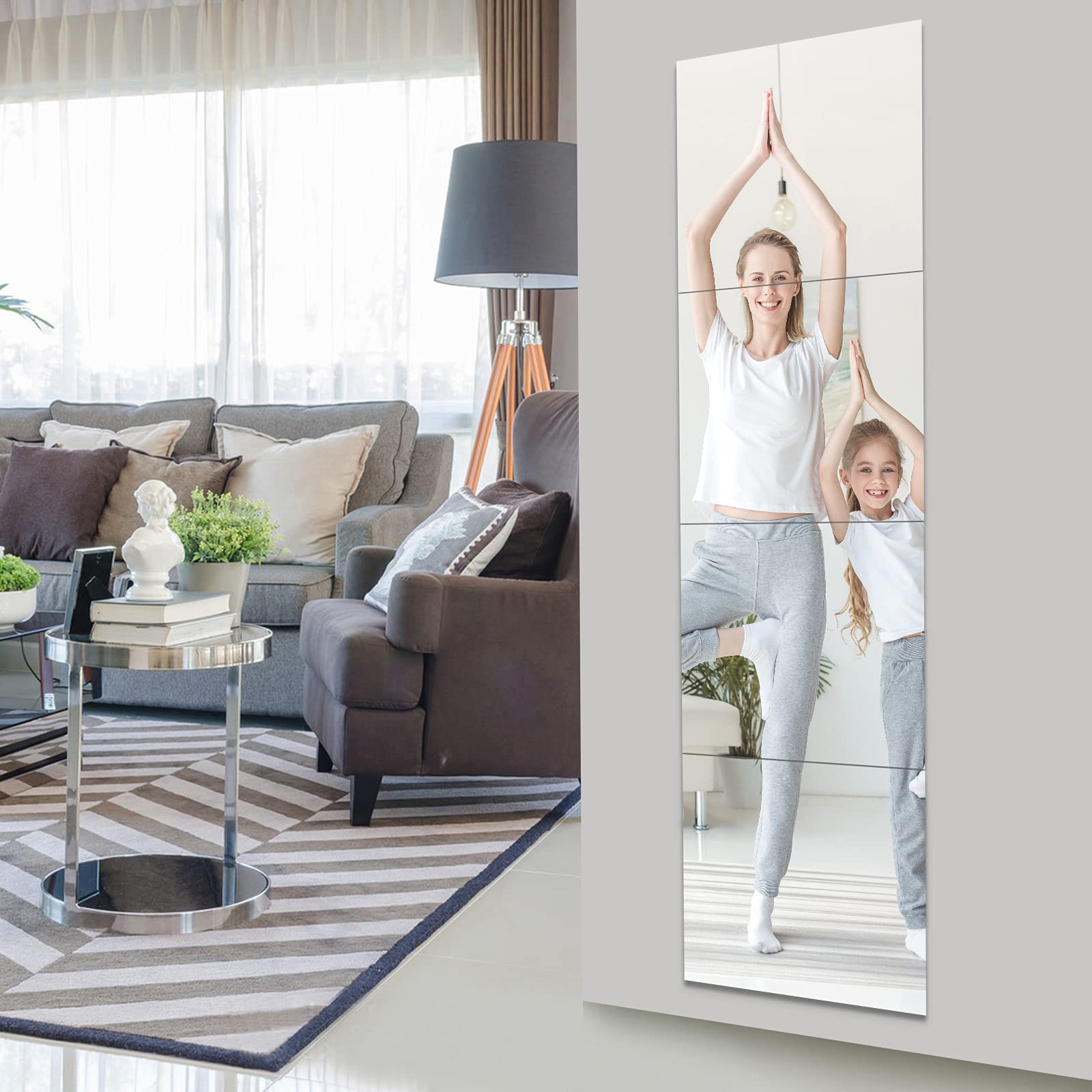EVENLIVE Full Length Mirror Tiles-14 Inch  4 Pieces, Frameless Wall Mirror, self Adhesive Long Mirror, Body Mirror, Easy to Inst
