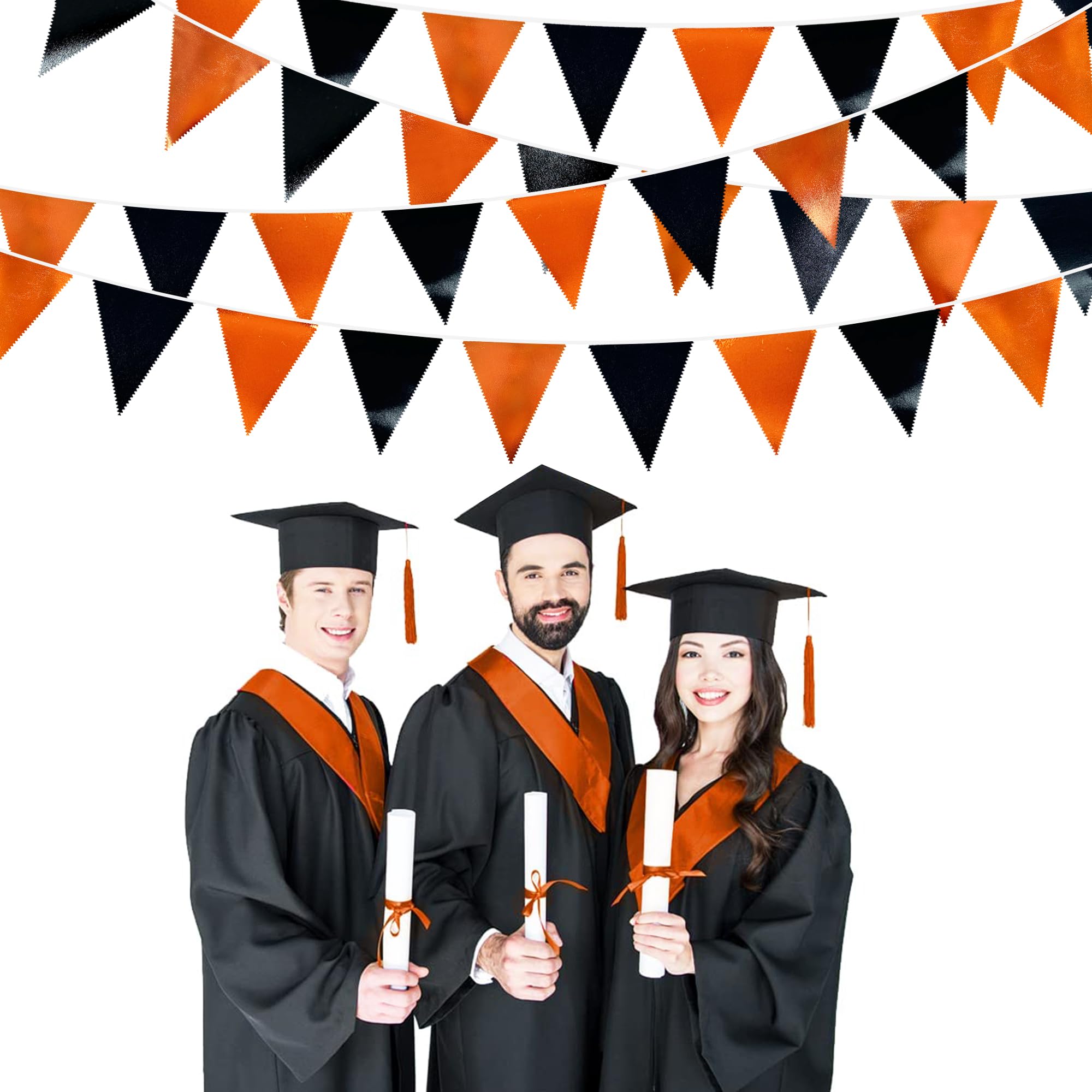 Black Orange Party Decoration Metallic Fabric Triangle Pennant Banner Flag Bunting Garland For Graduation Halloween Fall Autumn