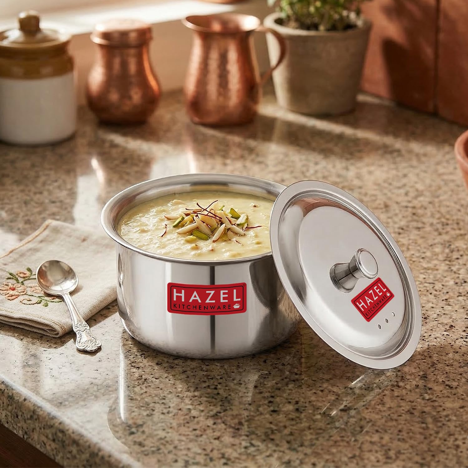 Hazel Induction Base Tope Stainless Steel Induction Bottom Tope Thick Heavy Flat Base Patila Cookware With Steel Lid Cover 22.5 
