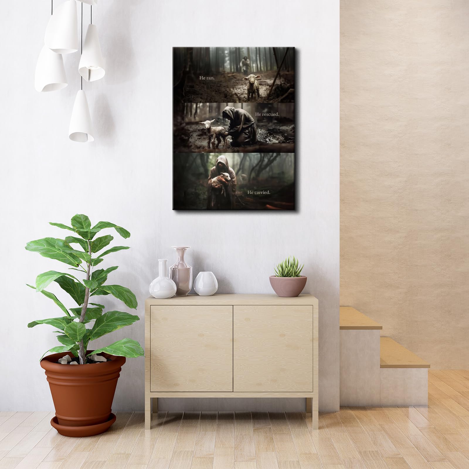 Yonica Christian Wall Art Jesus Chasing Lost Lamb Canvas Print Inspirational Wall Decor 36X48 Inch Home Decor
